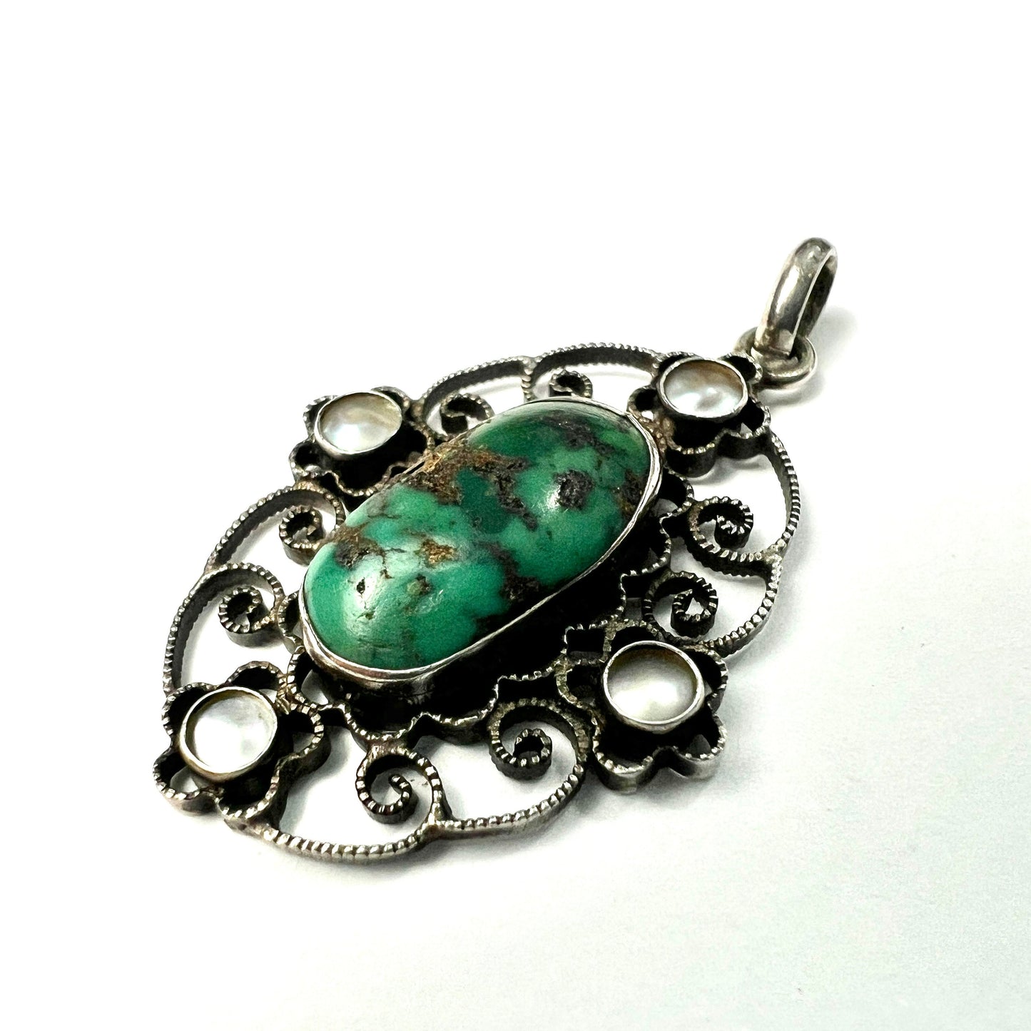 Arts and Crafts Turquoise Matrix Pearl Silver Filigree Pendant