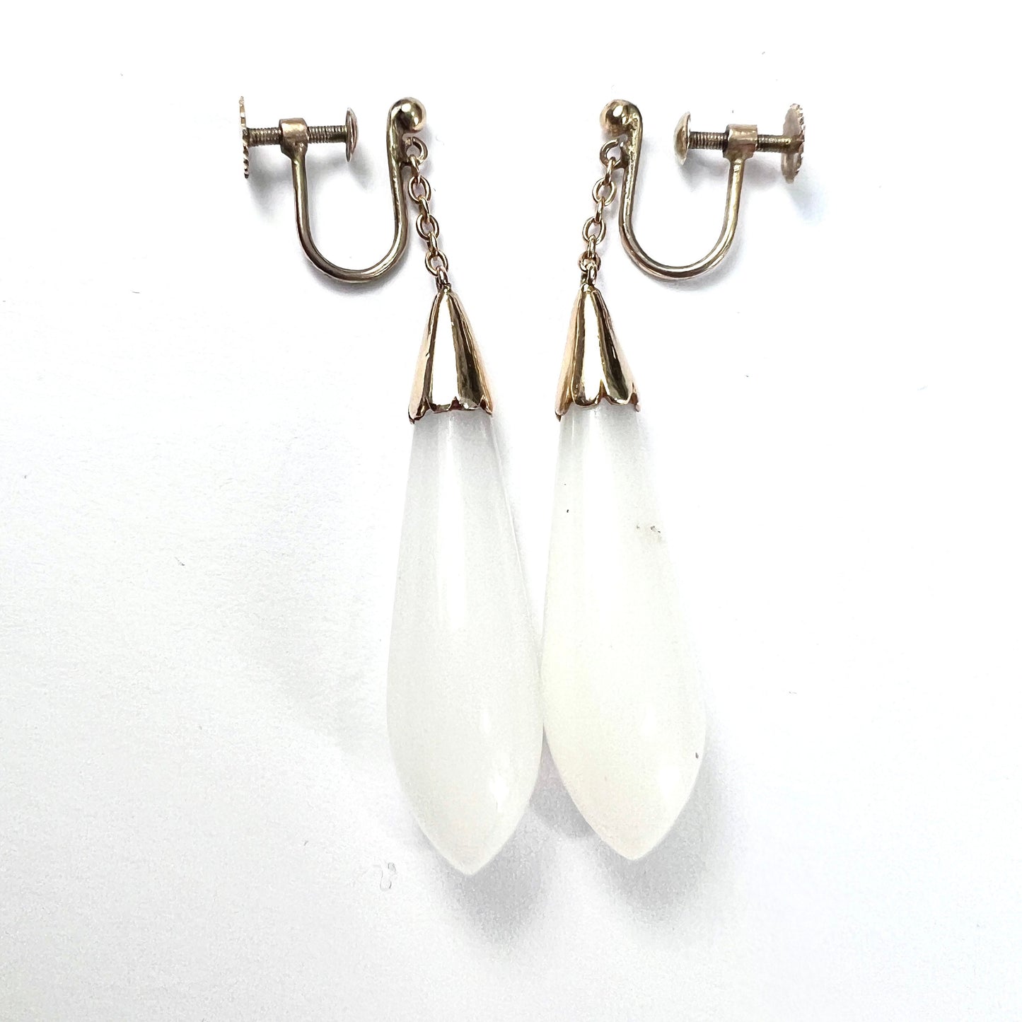 Antique 9CT Gold White Chalcedony Teardrop Earrings