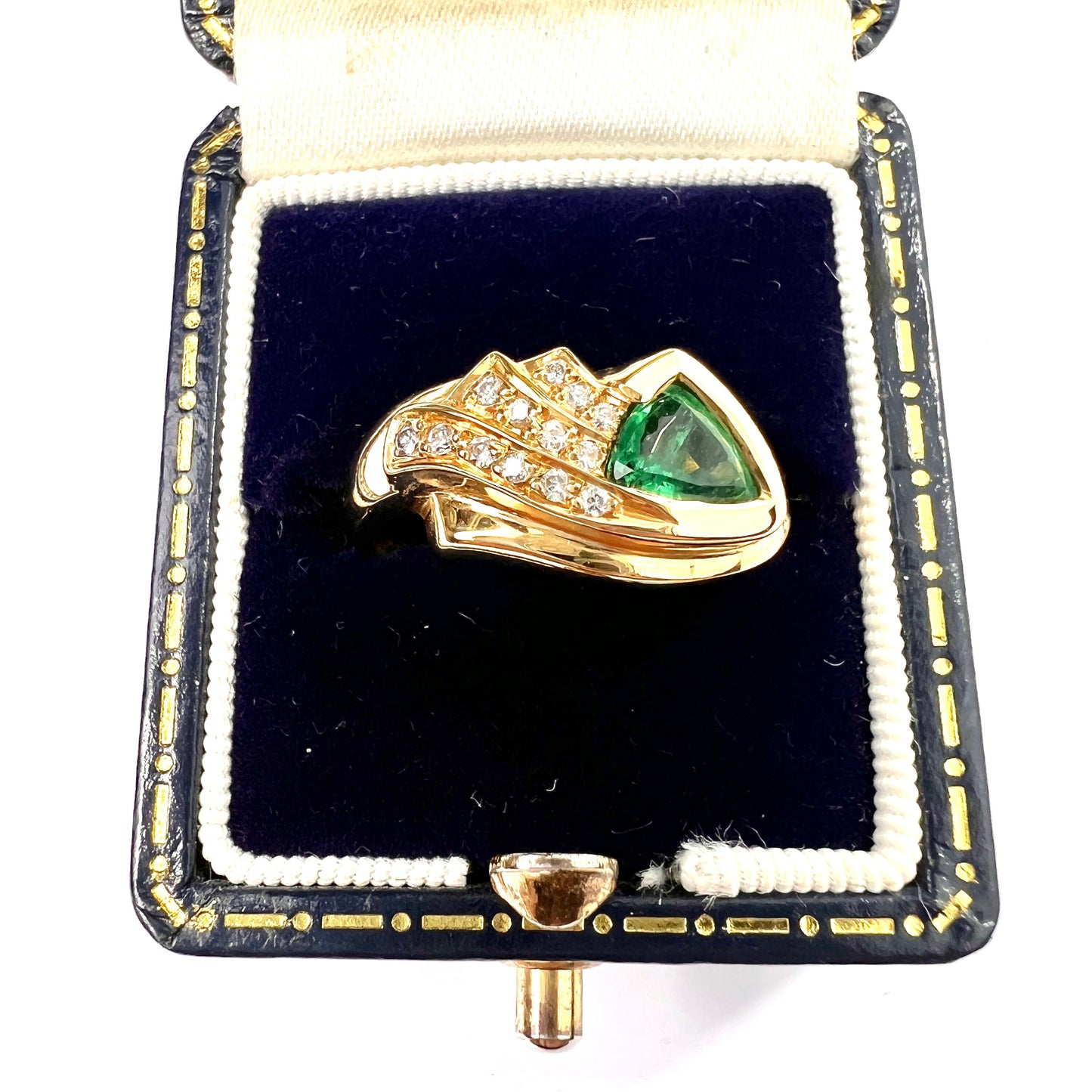 Vintage French 18CT Gold Trillion Emerald and Diamond Ring