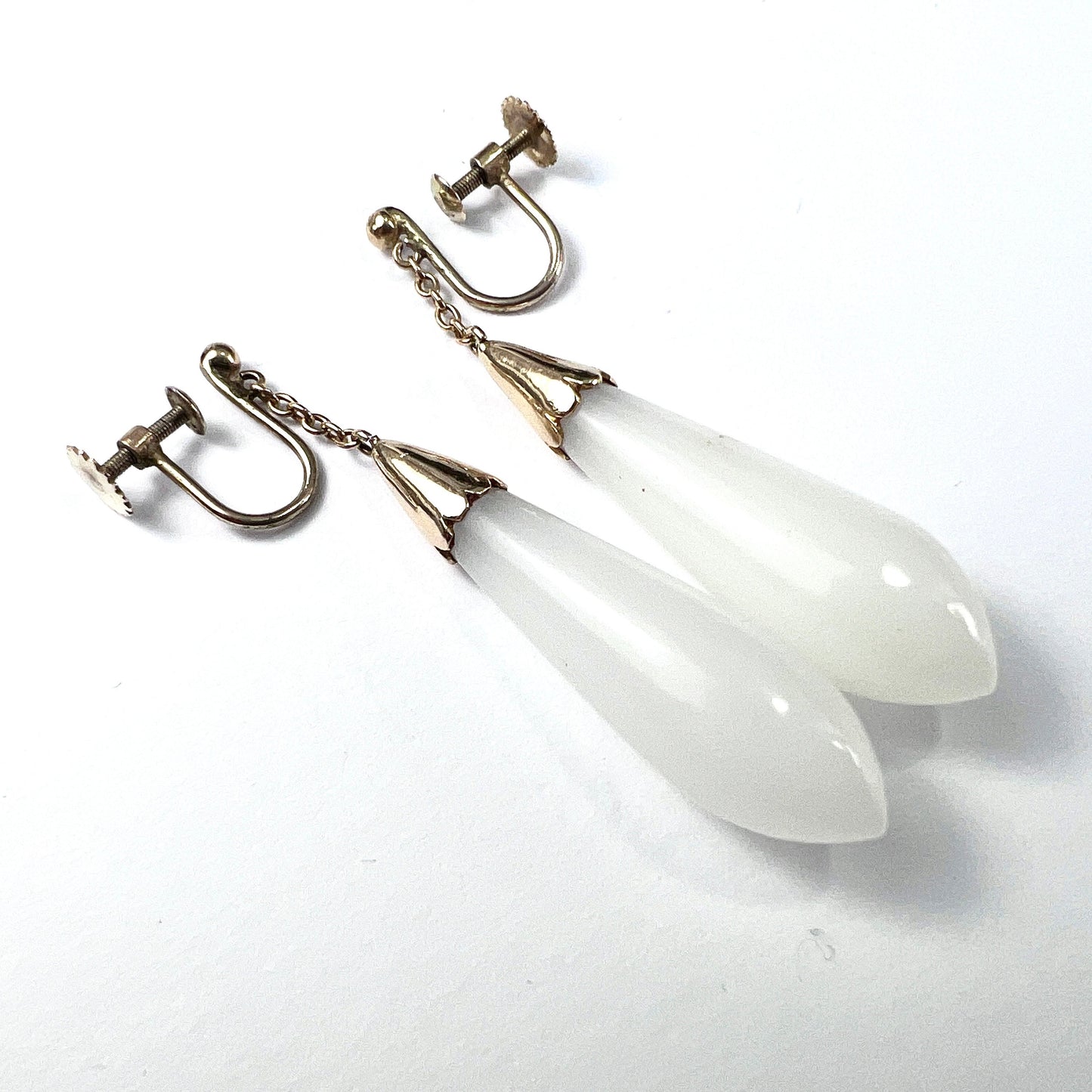 Antique 9CT Gold White Chalcedony Teardrop Earrings