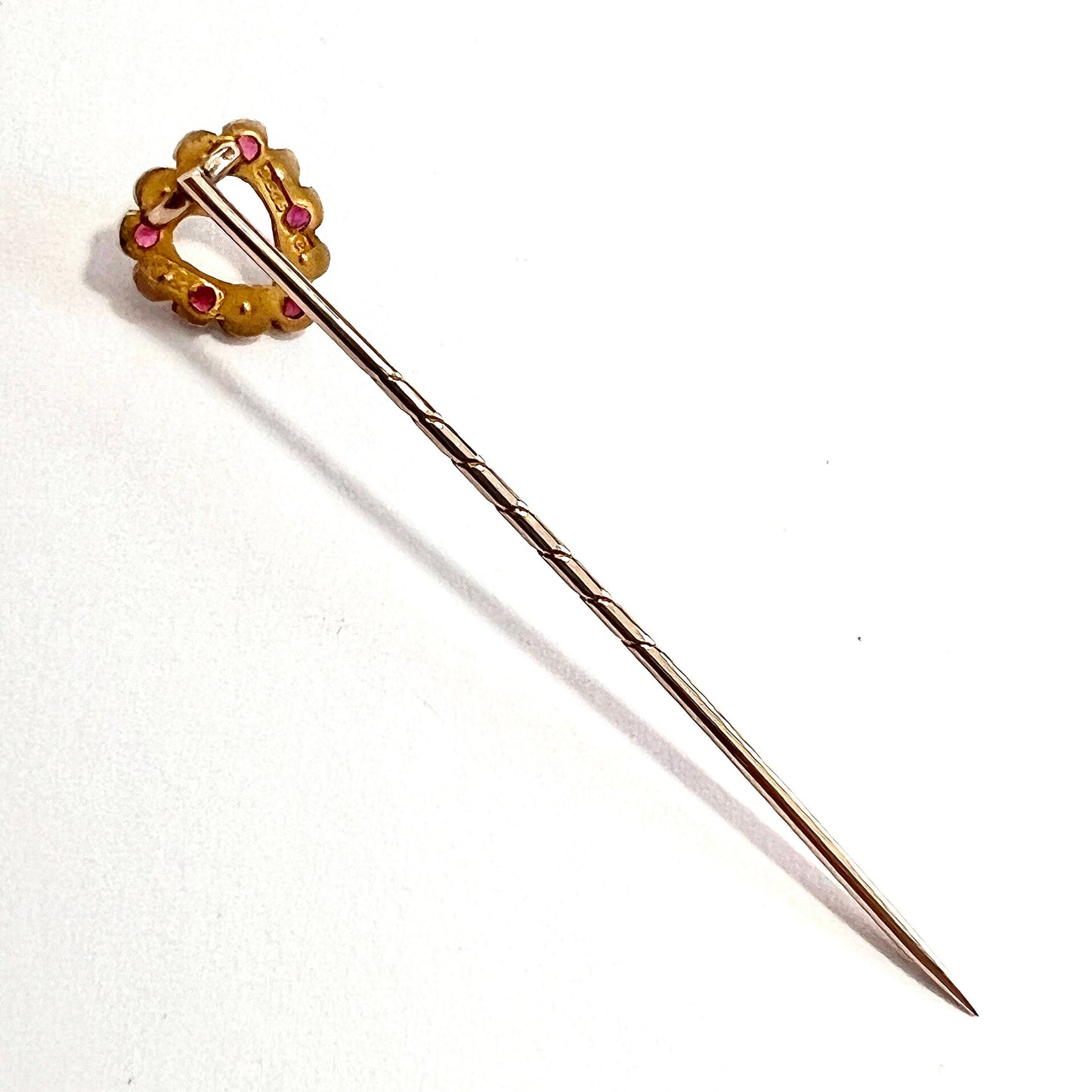 Boxed Edwardian 9CT Gold Paste Ruby Pearl Stick Pin