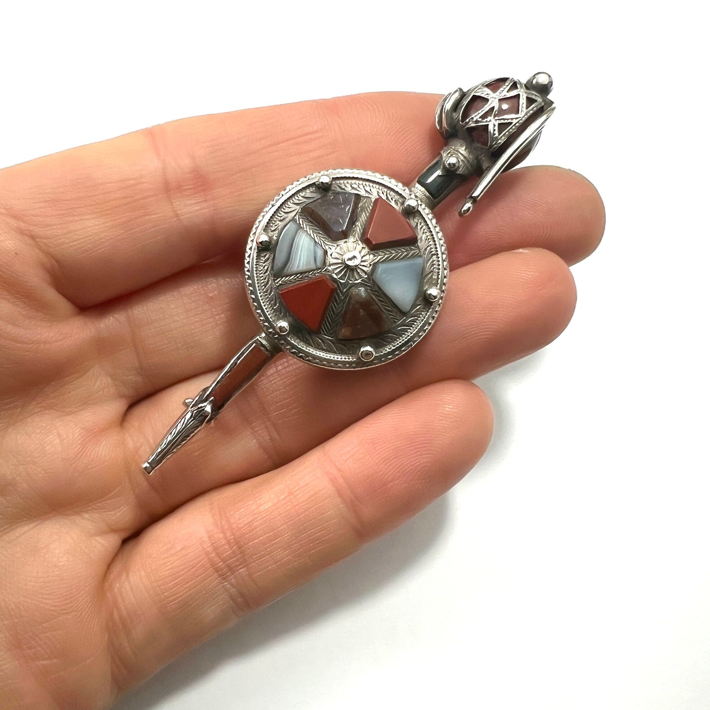 Large Victorian Scottish Agate Silver Sword and Shield Brooch