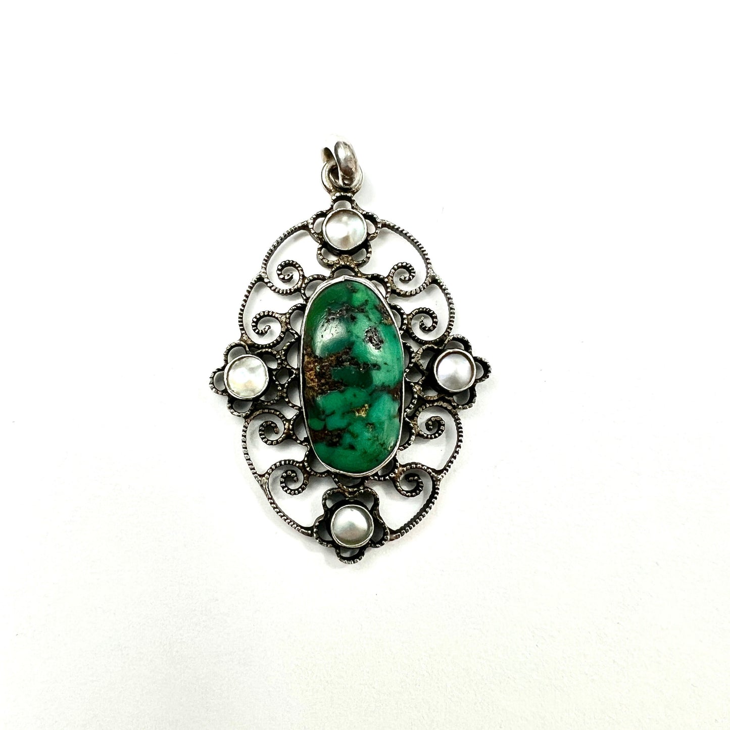 Arts and Crafts Turquoise Matrix Pearl Silver Filigree Pendant