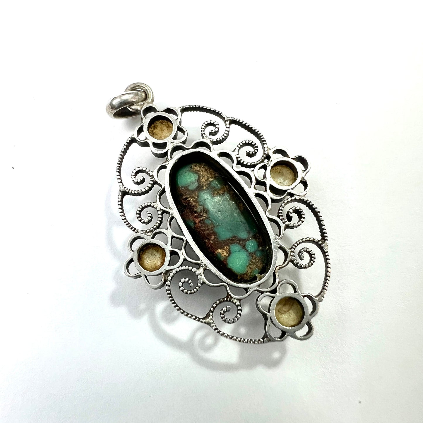 Arts and Crafts Turquoise Matrix Pearl Silver Filigree Pendant