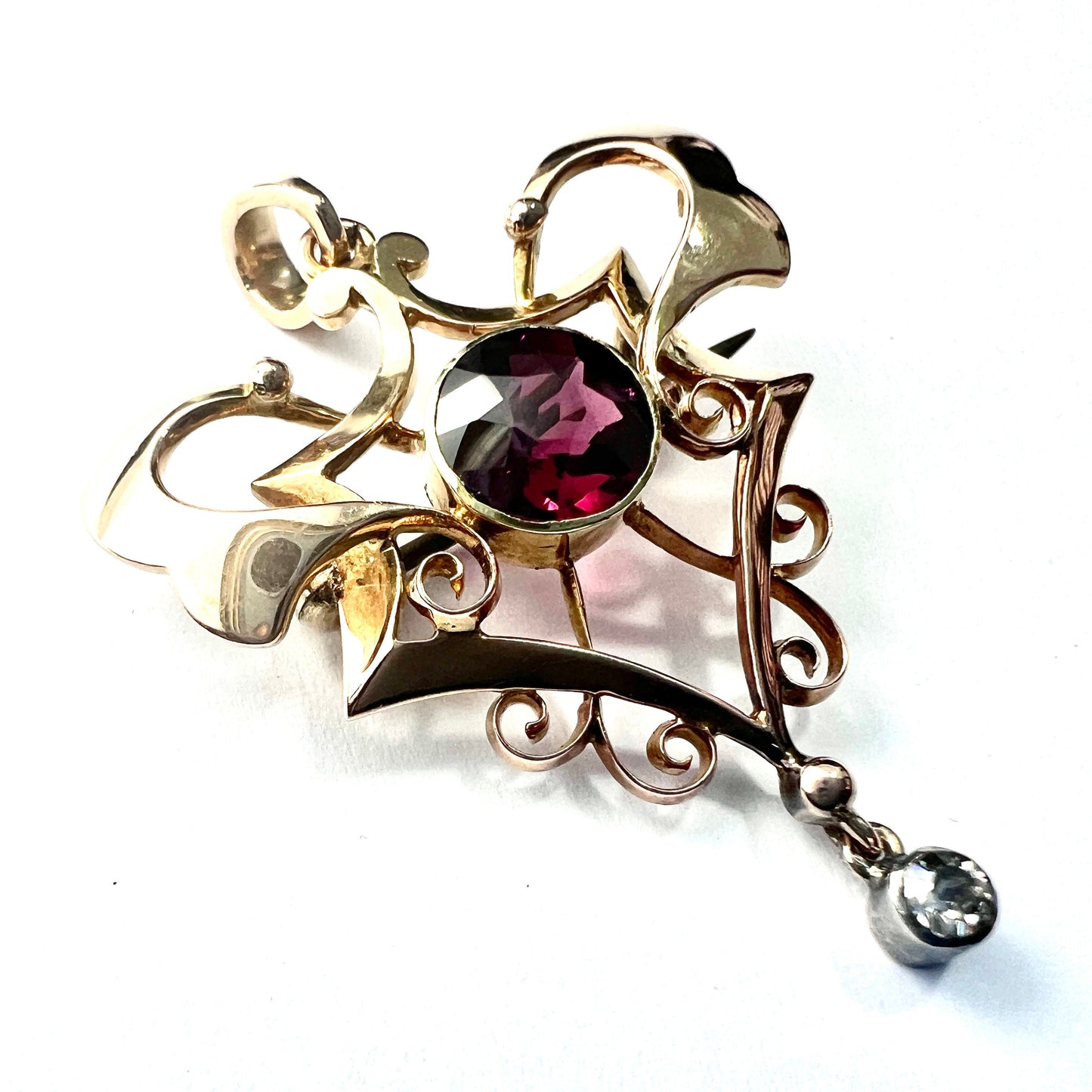 Edwardian 15CT Gold Diamond Garnet Lavalier Pendant