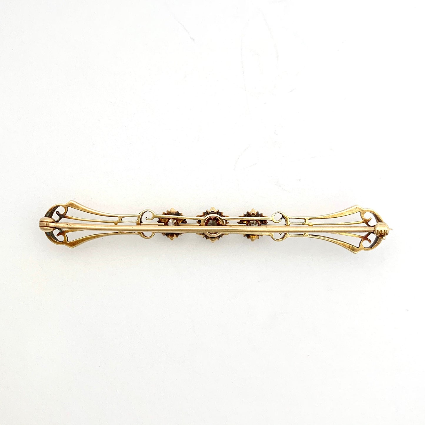 Edwardian 14CT Gold Three Stone Diamond Bar Brooch