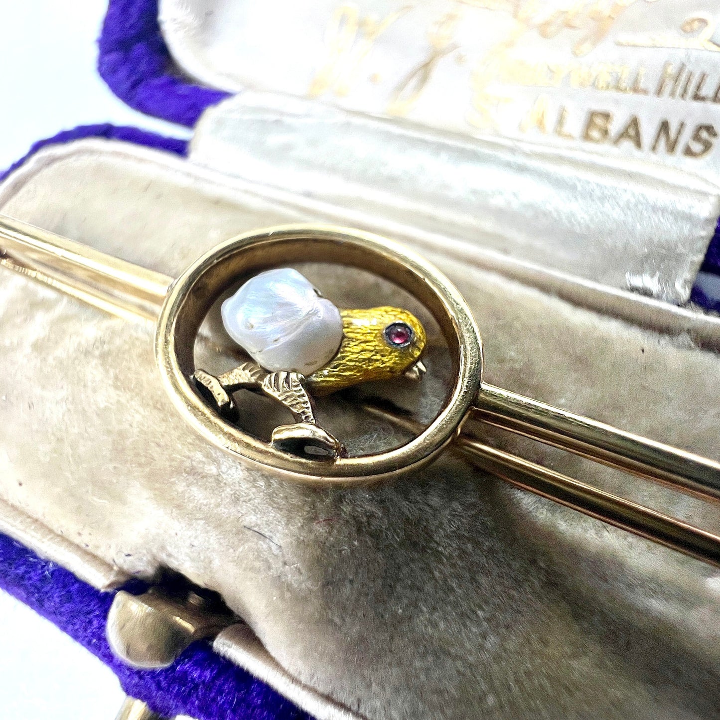 Edwardian Pearl, Garnet and Gold Enamel Chick Bar Brooch
