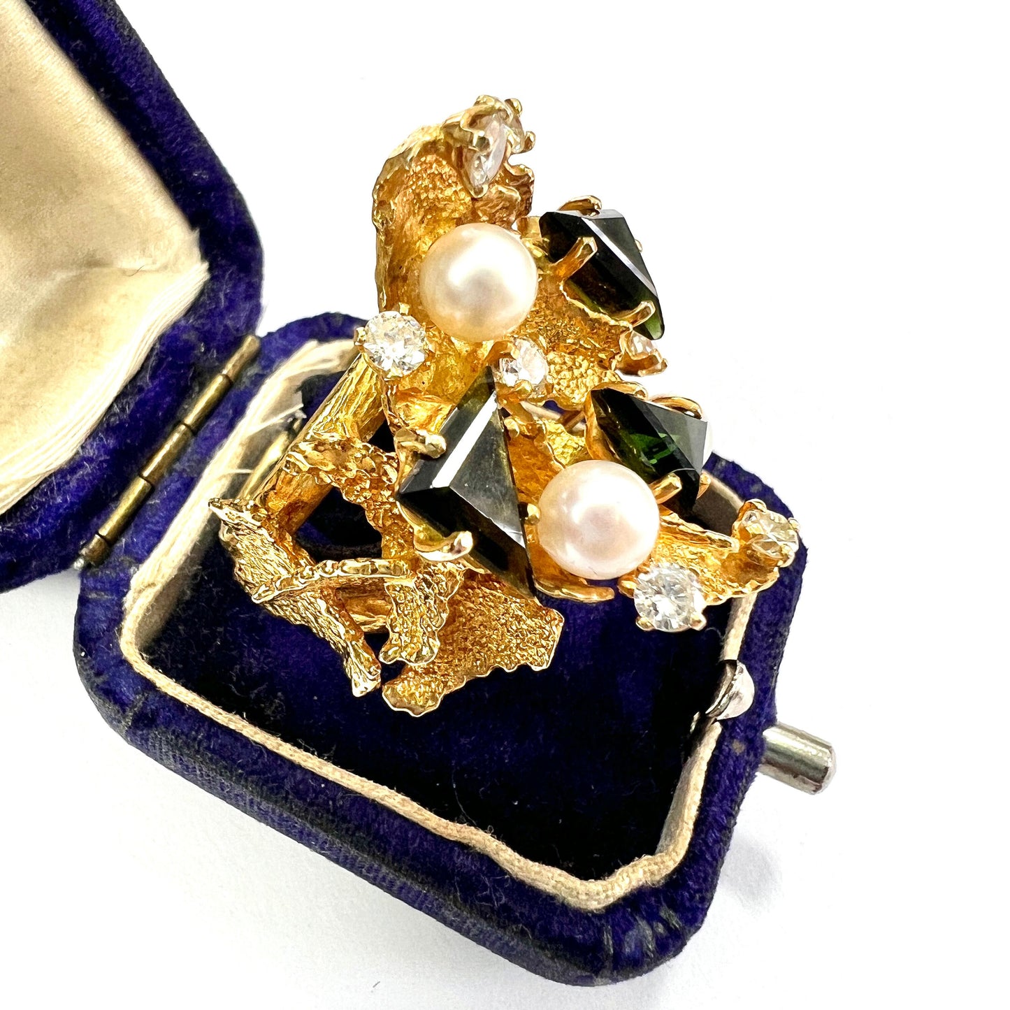 Huge Vintage 18CT Gold Diamond, Tourmaline and Pearl Modernist Cocktail Ring