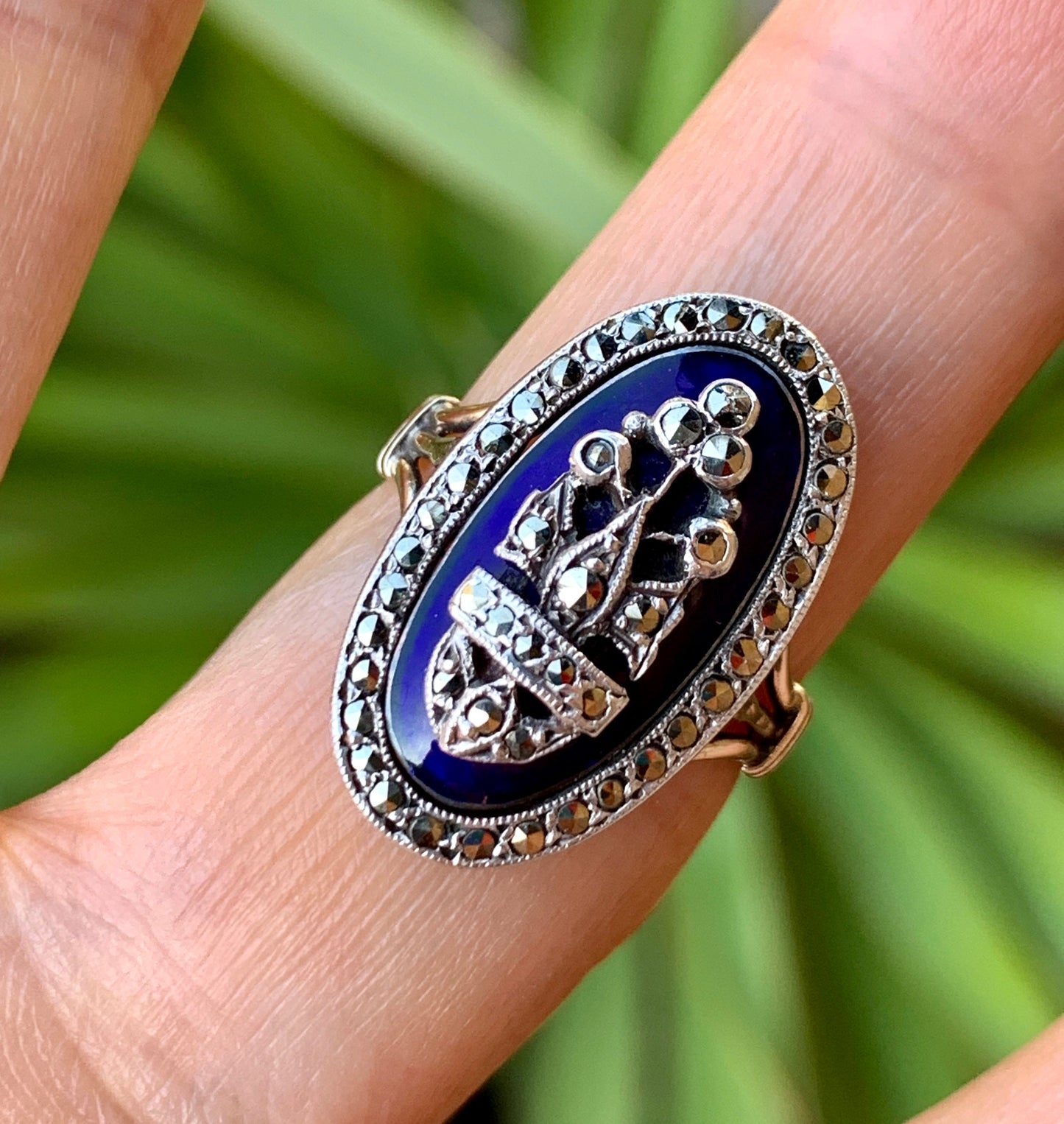Victorian Blue Enamel Marcasite Gold and Silver Ring