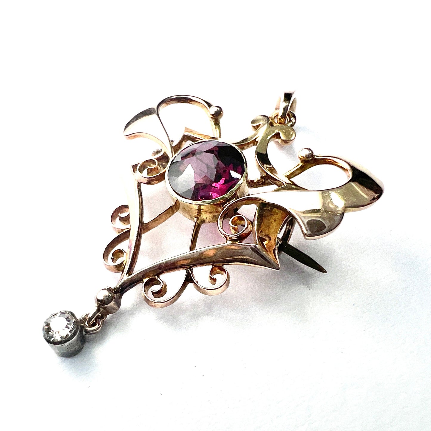 Edwardian 15CT Gold Diamond Garnet Lavalier Pendant