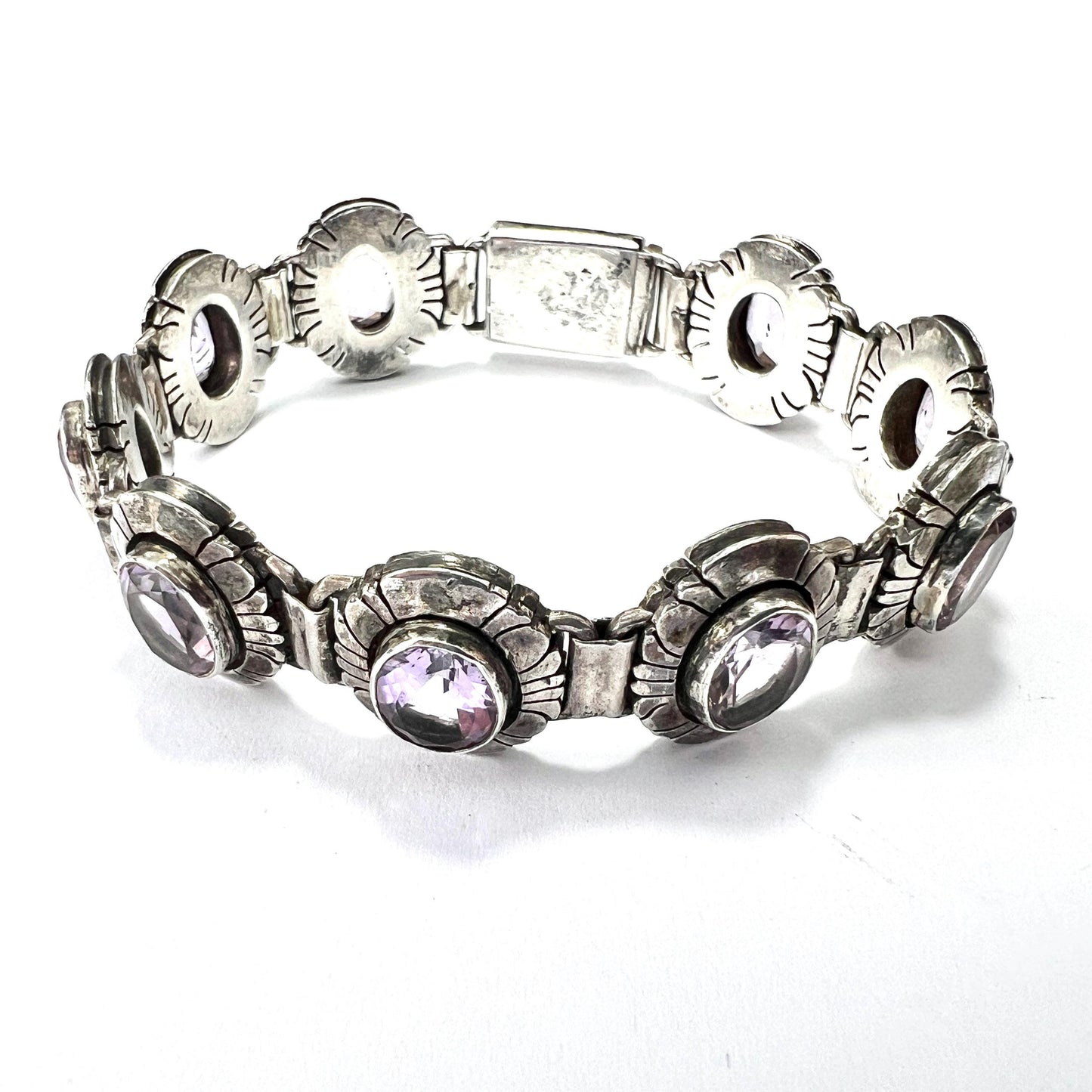 Vintage Arts and Crafts Amethyst Silver Panel Bracelet