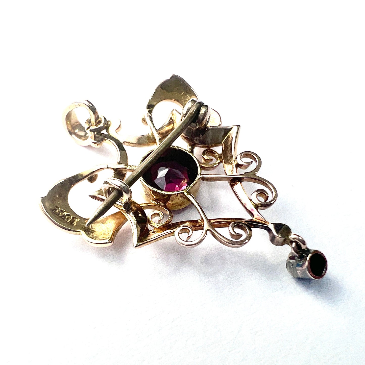 Edwardian 15CT Gold Diamond Garnet Lavalier Pendant