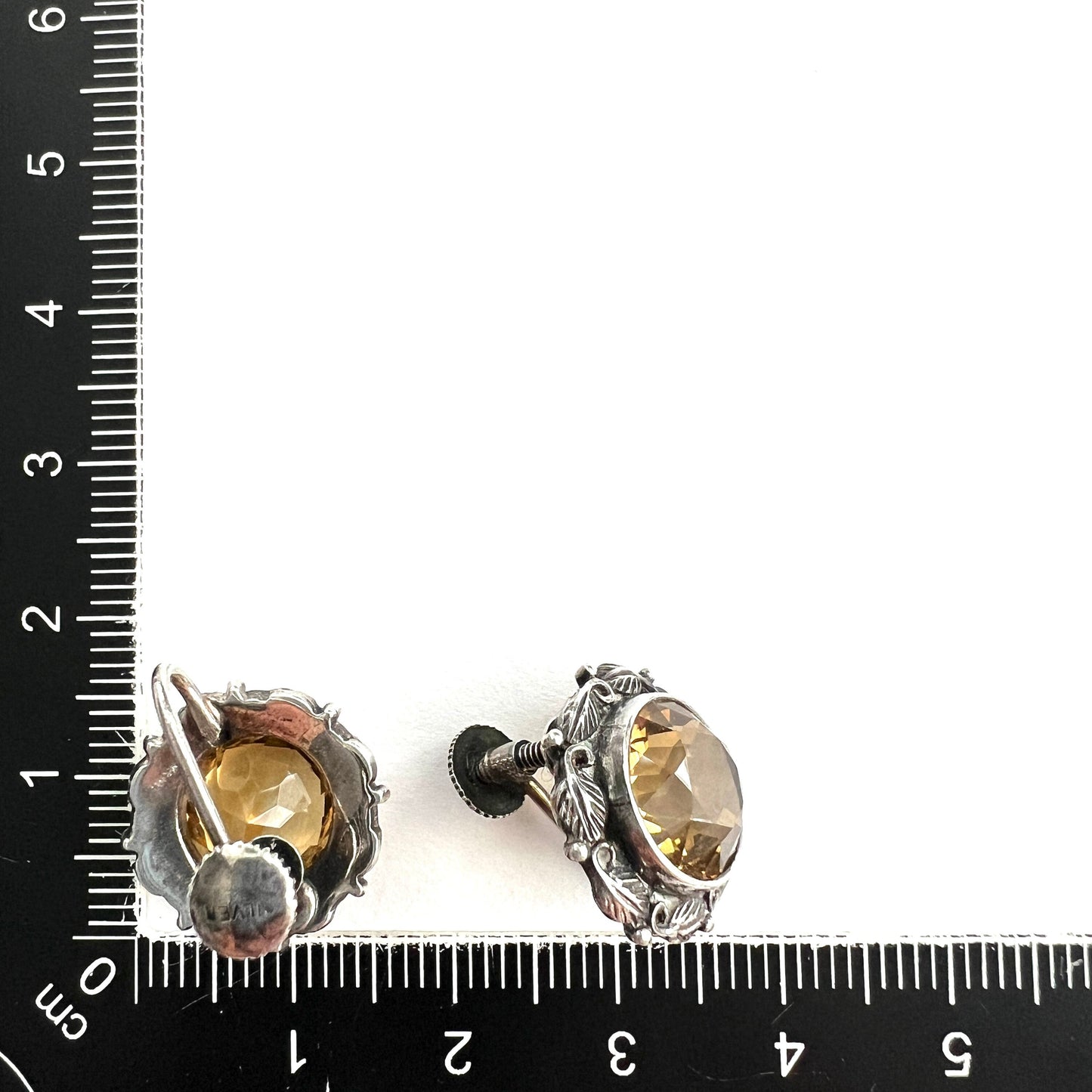 Vintage Arts and Crafts Citrine Silver Flower Screwback Earrings