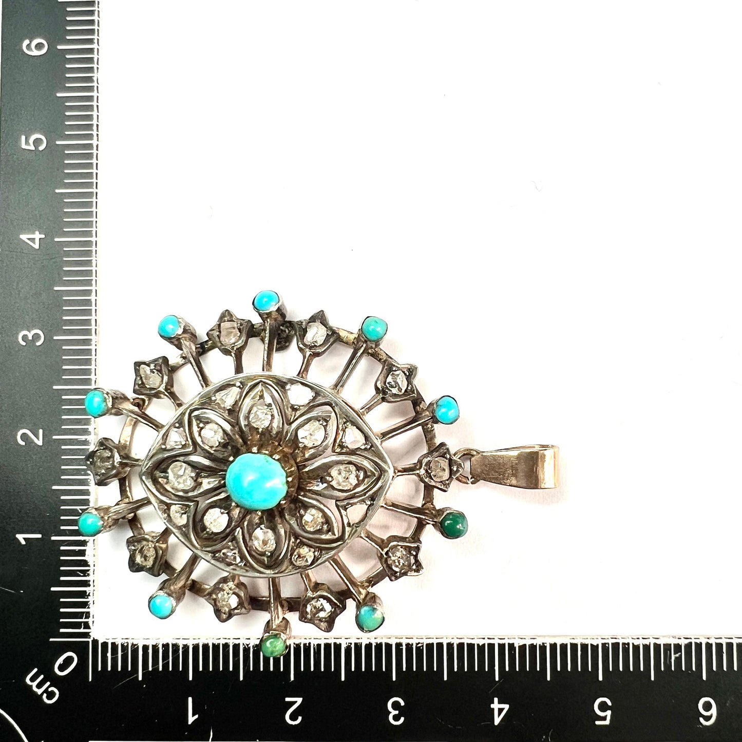 Antique Rose Cut Diamond Turquoise Gold and Silver Pendant