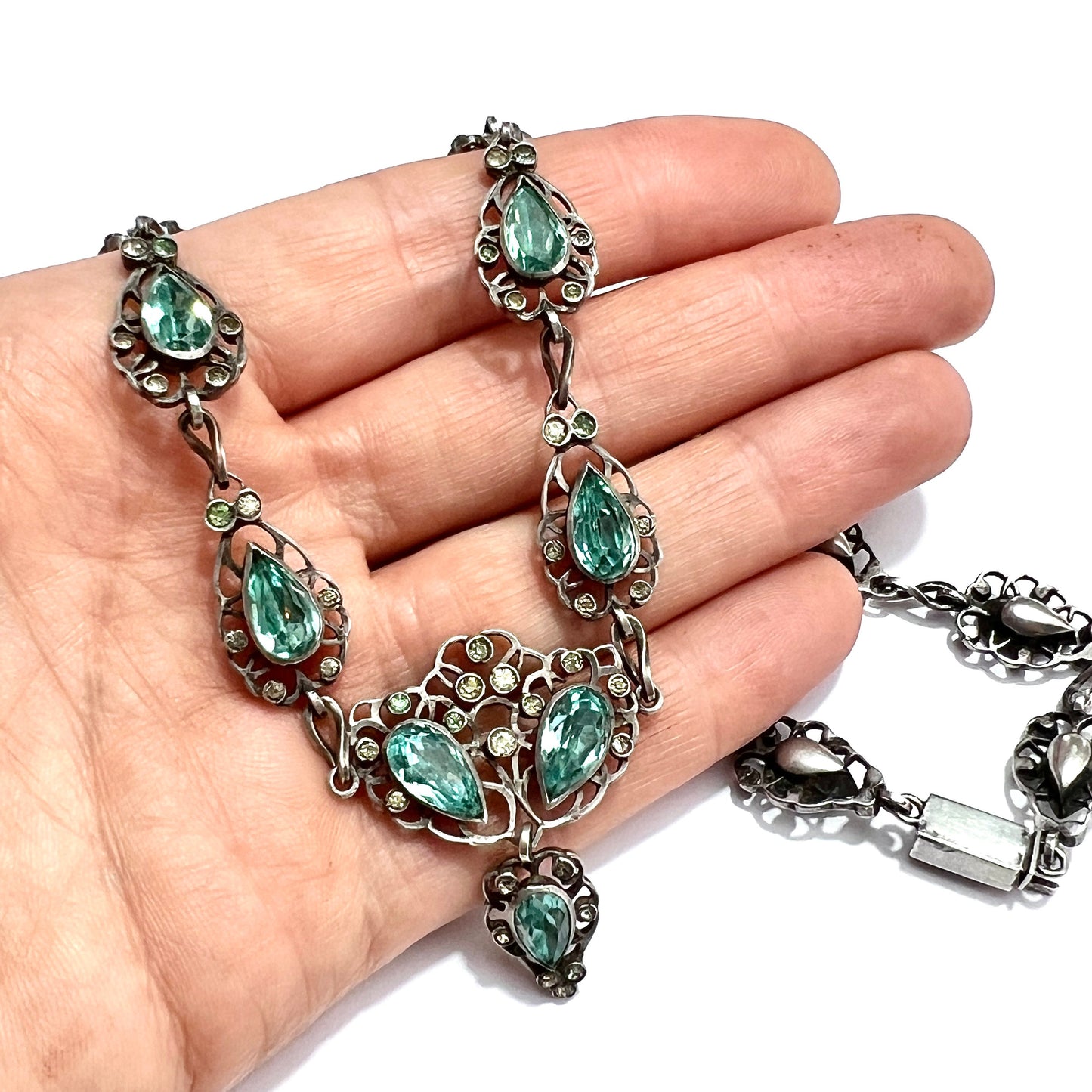 19th Century Foiled Aquamarine Paste Silver Necklace