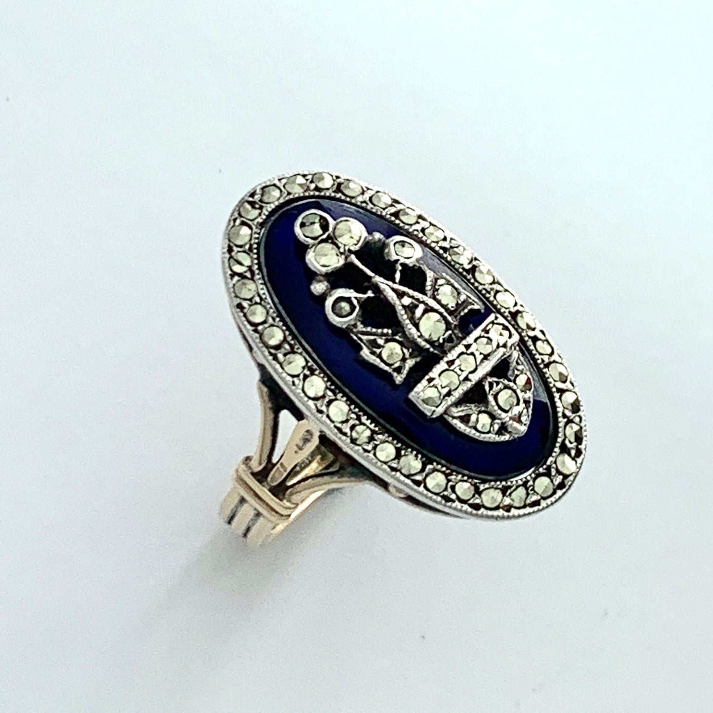 Victorian Blue Enamel Marcasite Gold and Silver Ring
