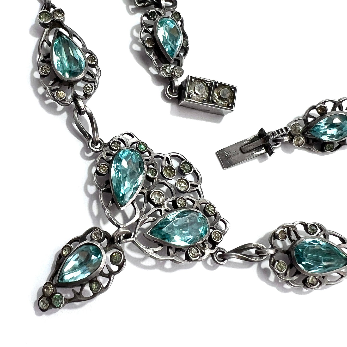 19th Century Foiled Aquamarine Paste Silver Necklace