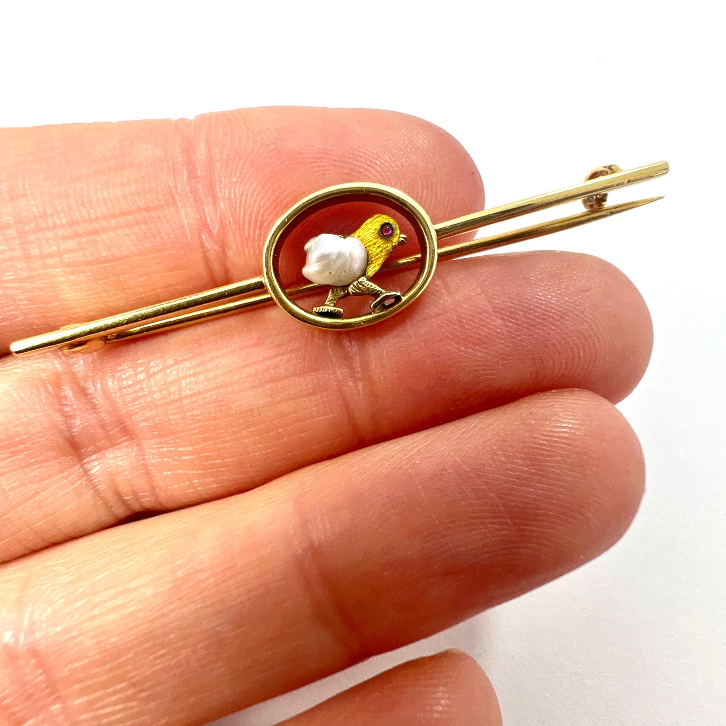 Edwardian Pearl, Garnet and Gold Enamel Chick Bar Brooch