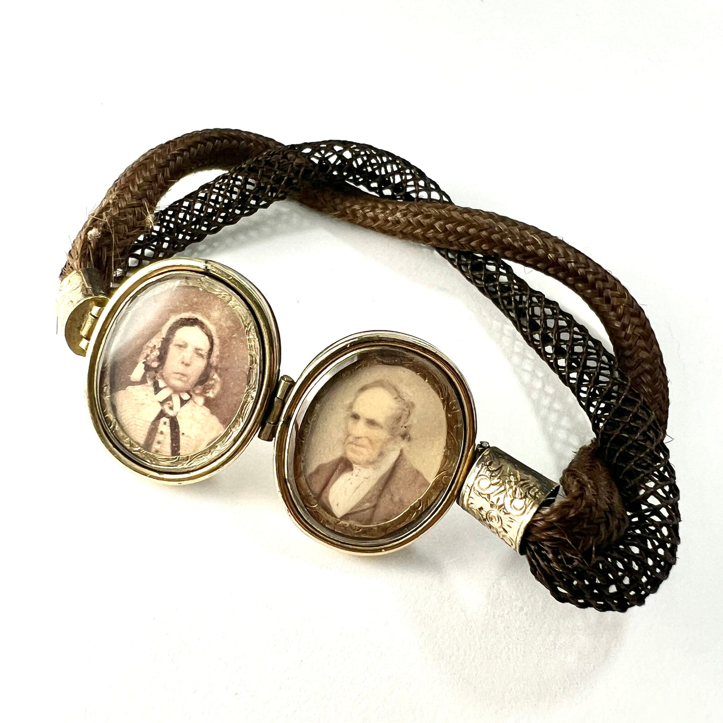 Victorian Double Portrait Woven Hair Memorial Bracelet