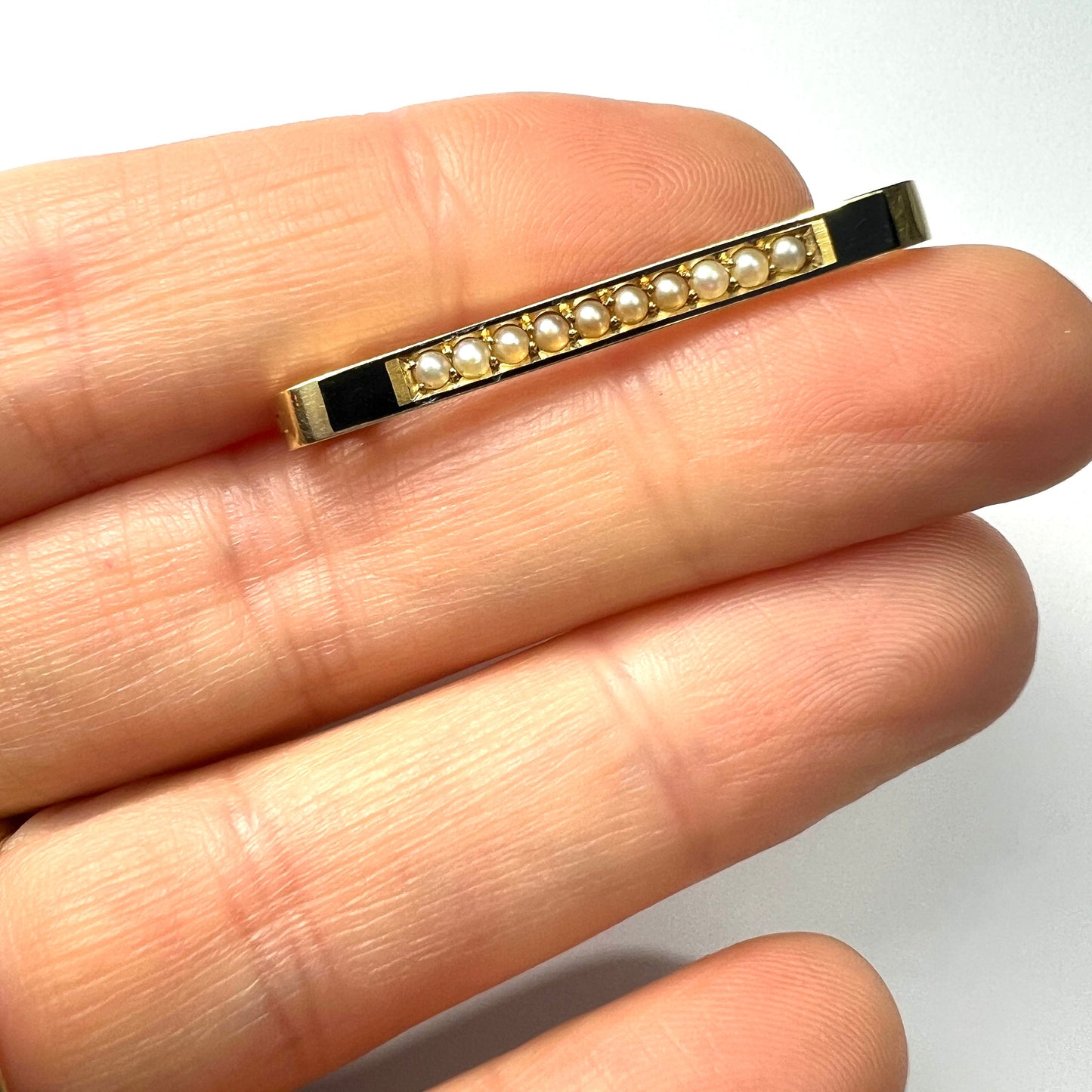 Edwardian 15CT Gold Pearl Enamel Bar Brooch