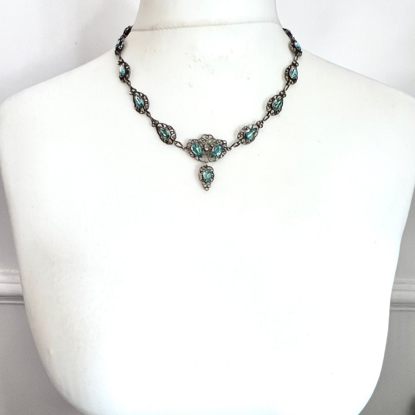 19th Century Foiled Aquamarine Paste Silver Necklace