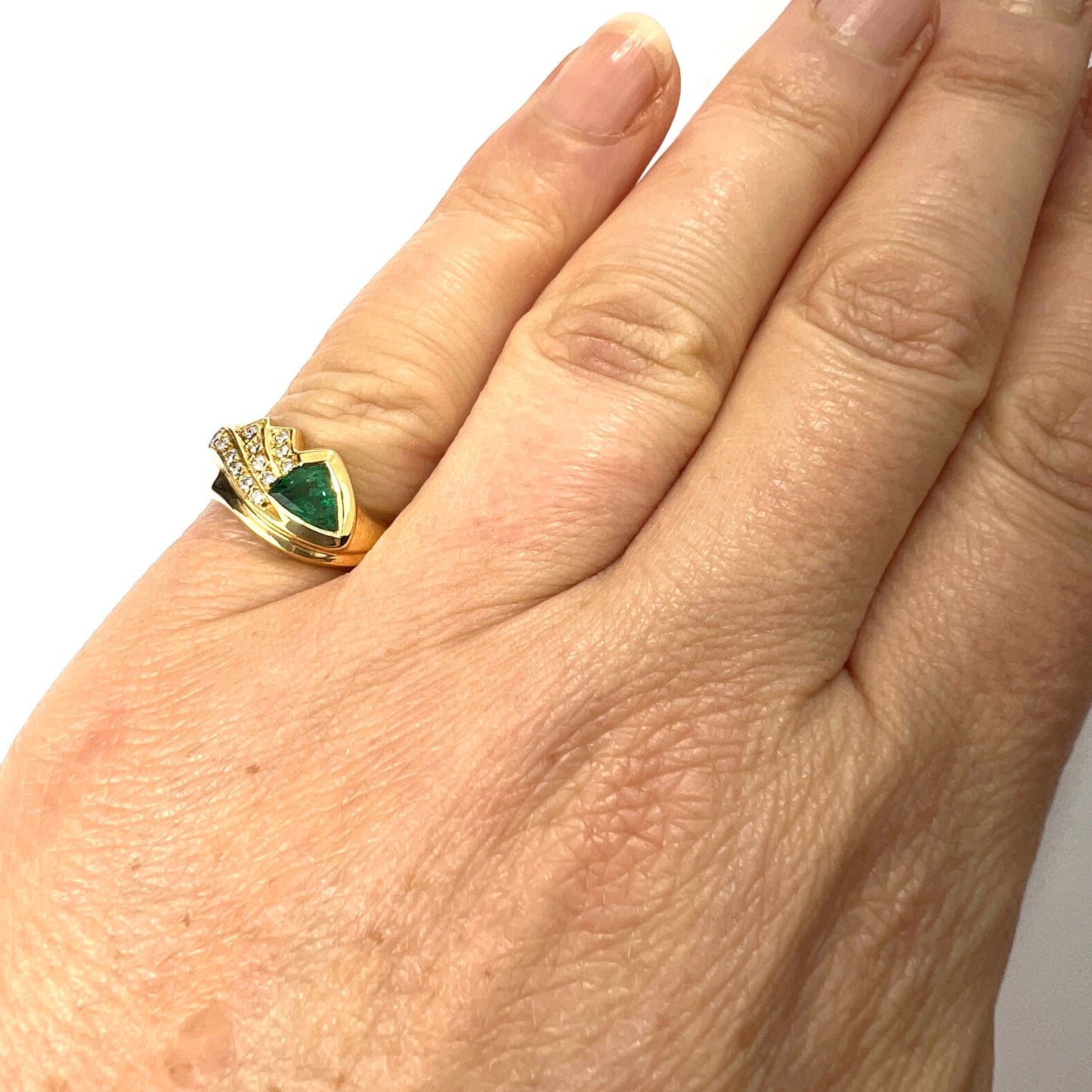 Vintage French 18CT Gold Trillion Emerald and Diamond Ring