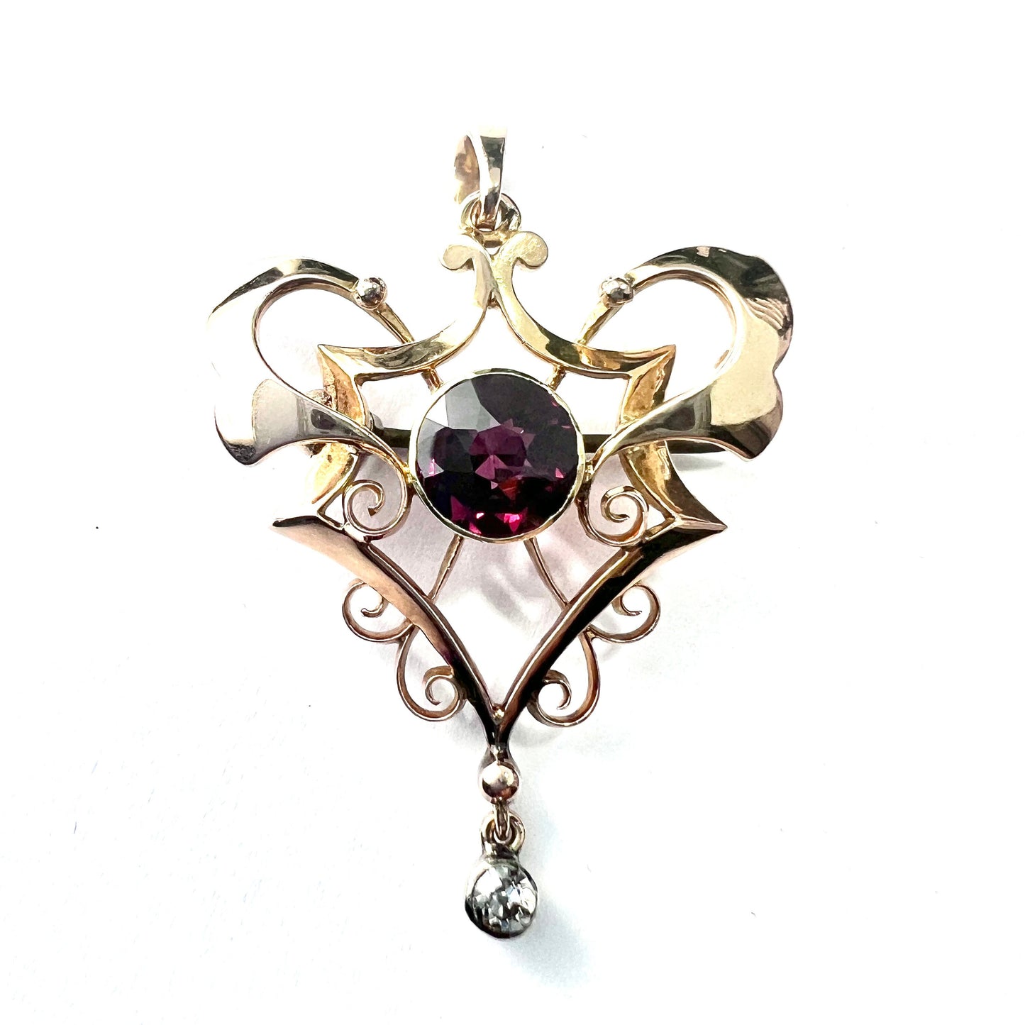 Edwardian 15CT Gold Diamond Garnet Lavalier Pendant
