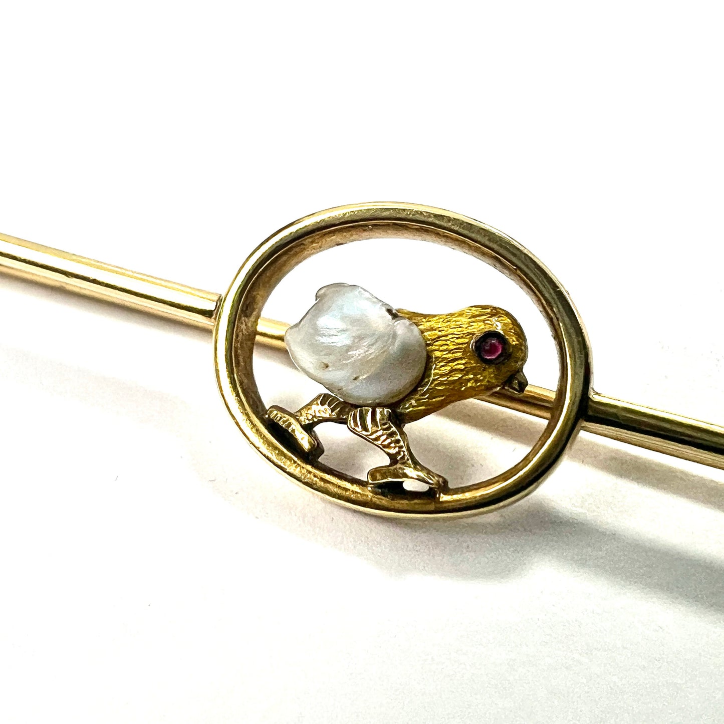 Edwardian Pearl, Garnet and Gold Enamel Chick Bar Brooch