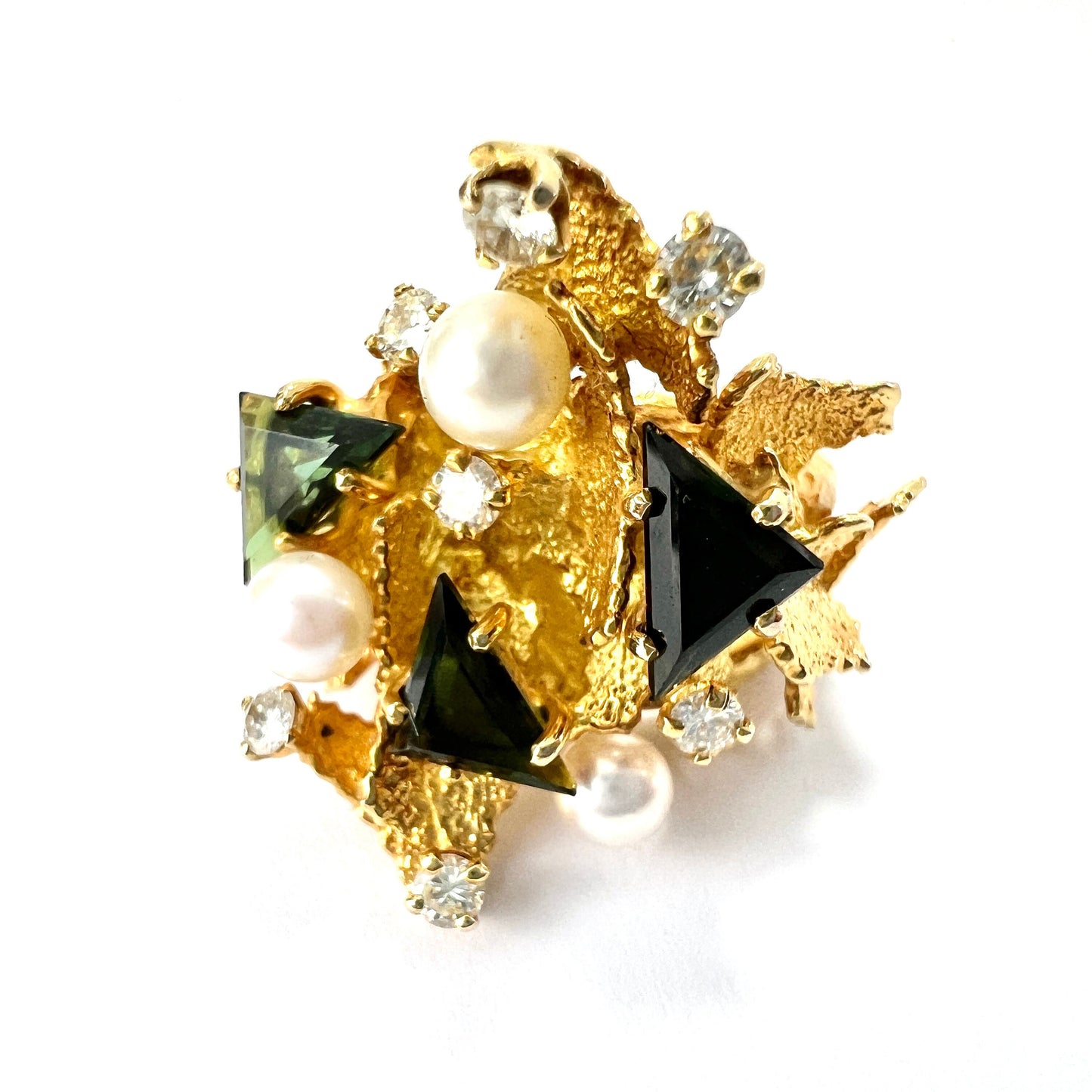 Huge Vintage 18CT Gold Diamond, Tourmaline and Pearl Modernist Cocktail Ring