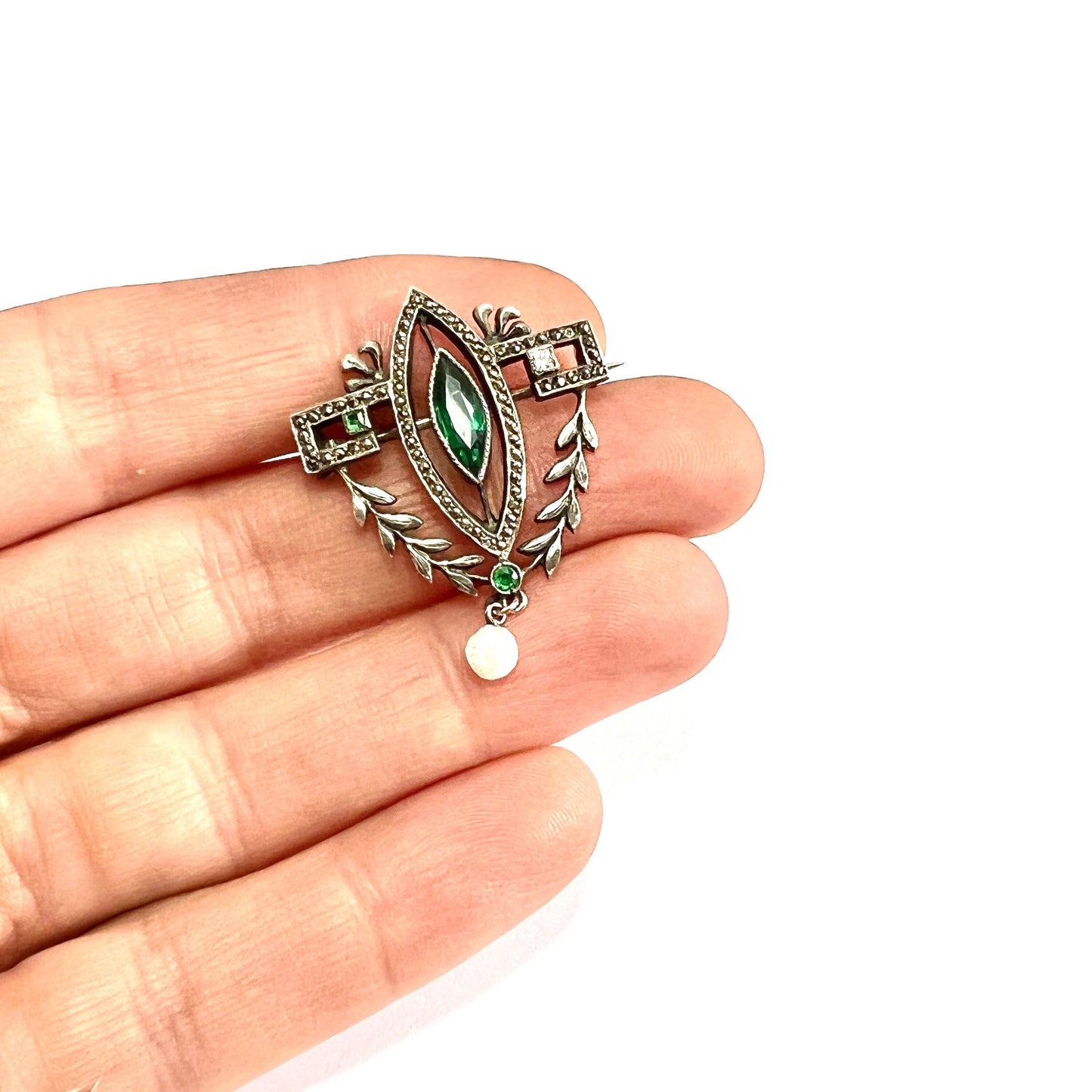 Victorian Emerald Paste Pearl Belle Epoque Brooch