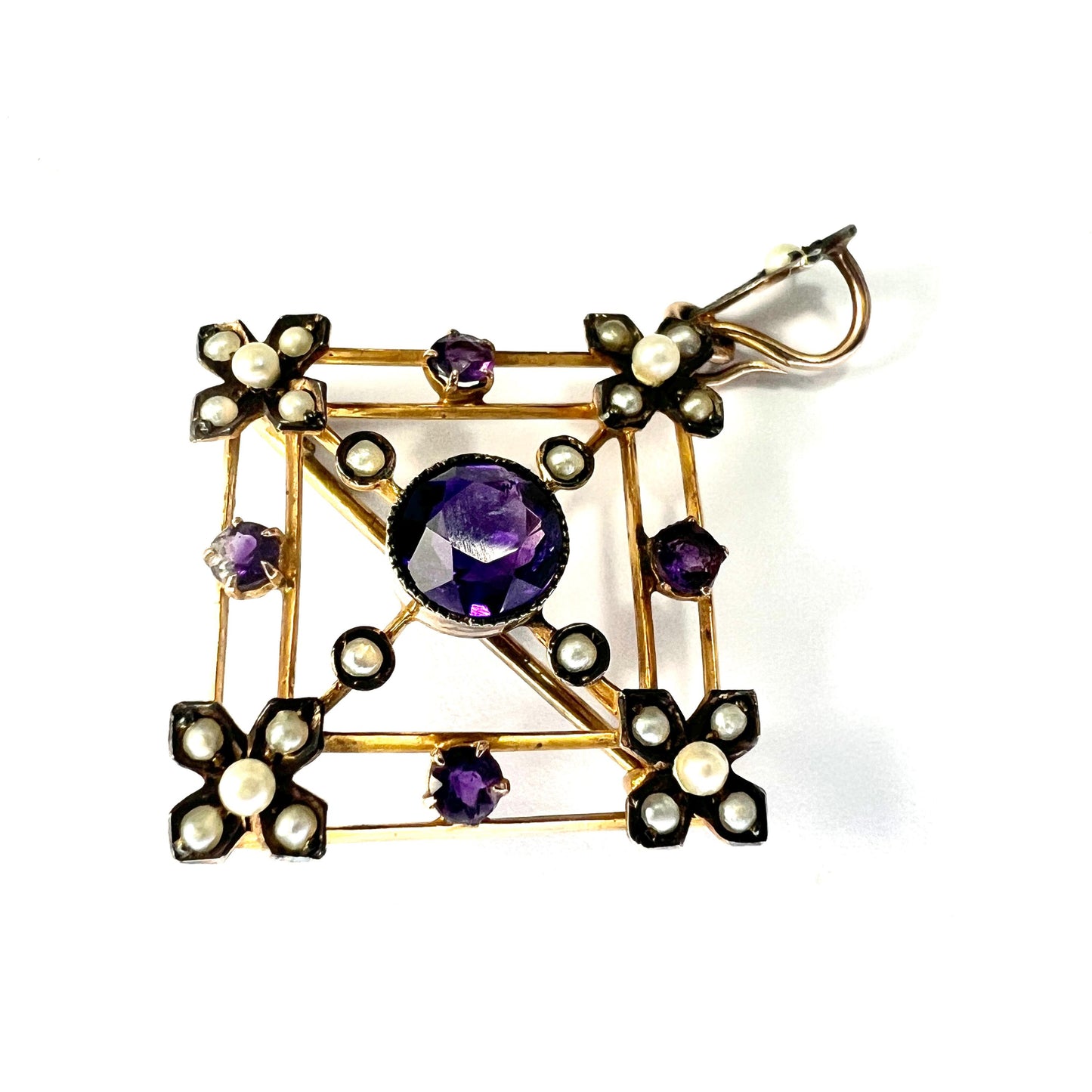 Edwardian 9CT Gold Amethyst Pearl Lavalier Pendant