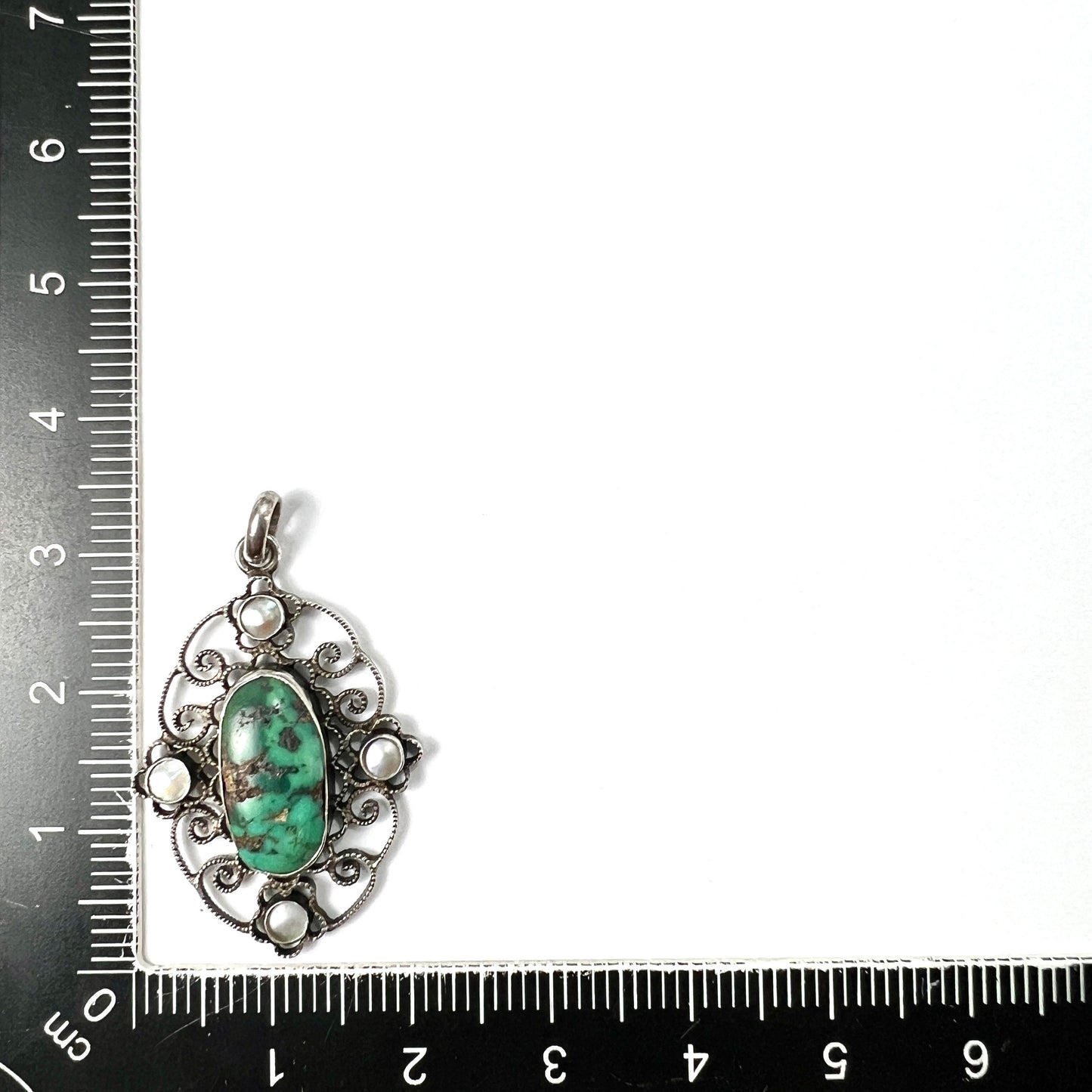 Arts and Crafts Turquoise Matrix Pearl Silver Filigree Pendant