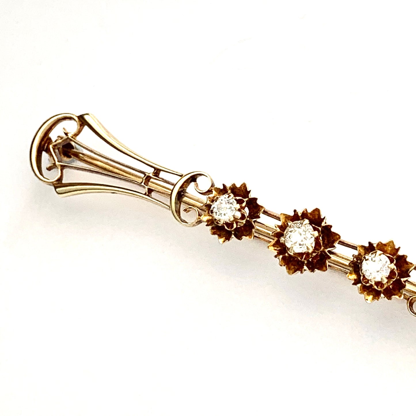 Edwardian 14CT Gold Three Stone Diamond Bar Brooch