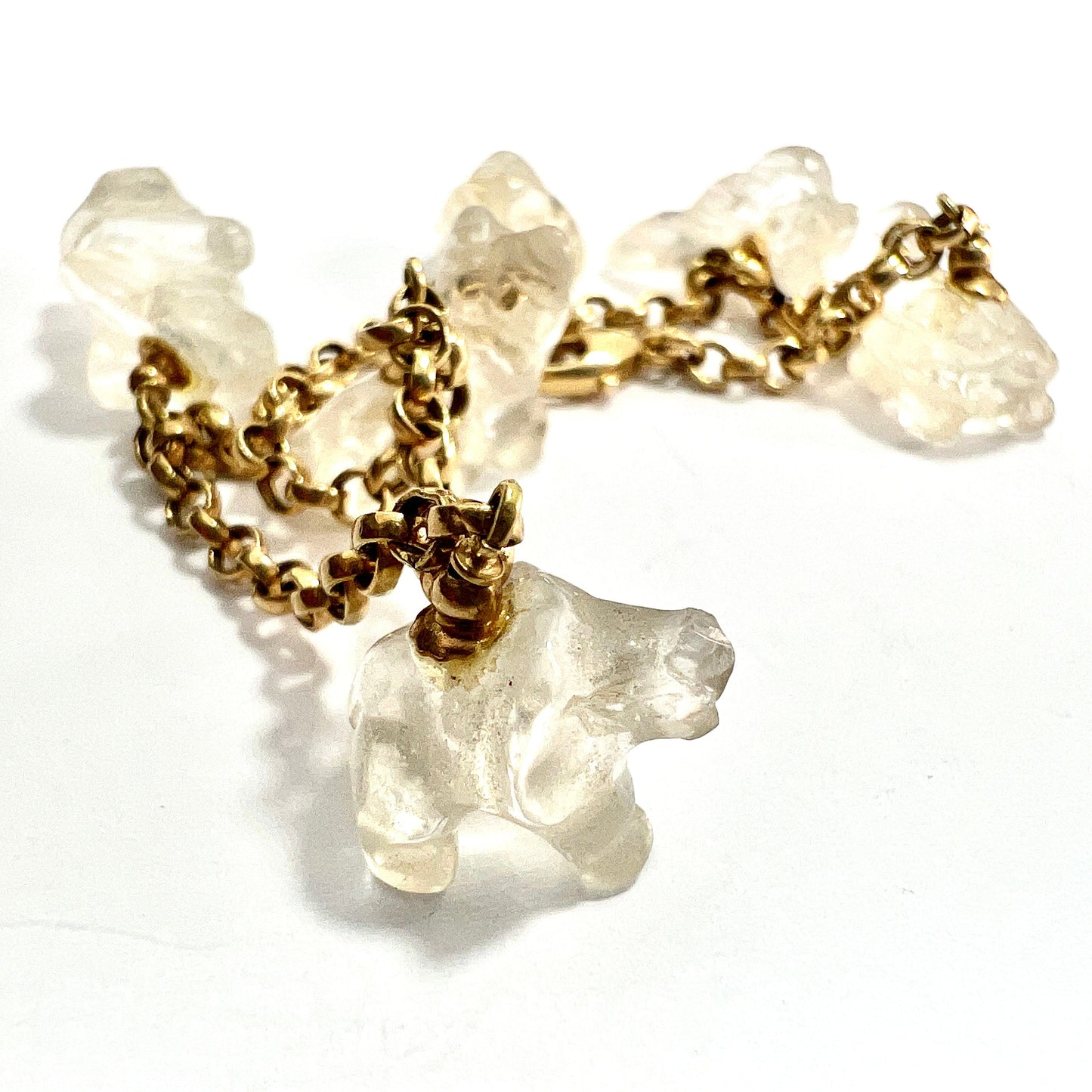 Rare Vintage 18CT Gold Rock Crystal Animal Charm Bracelet