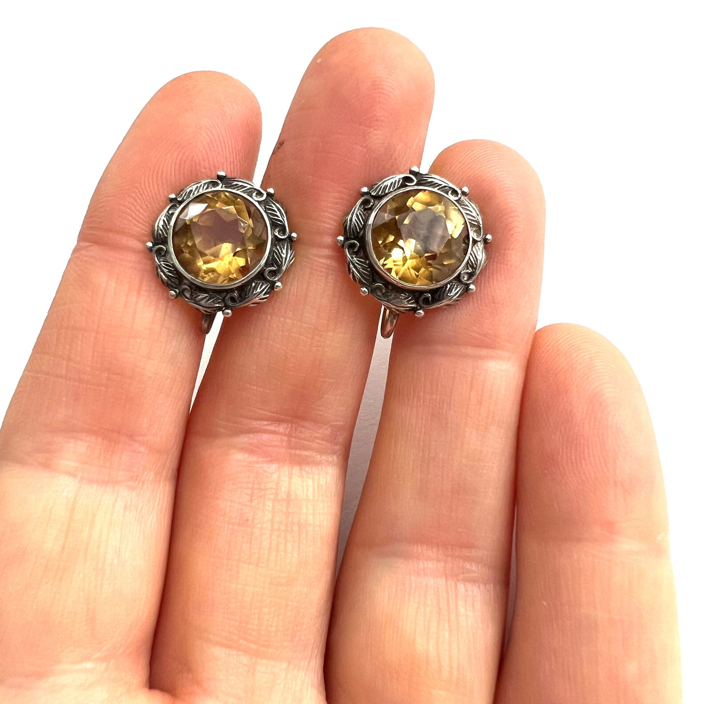 Vintage Arts and Crafts Citrine Silver Flower Screwback Earrings