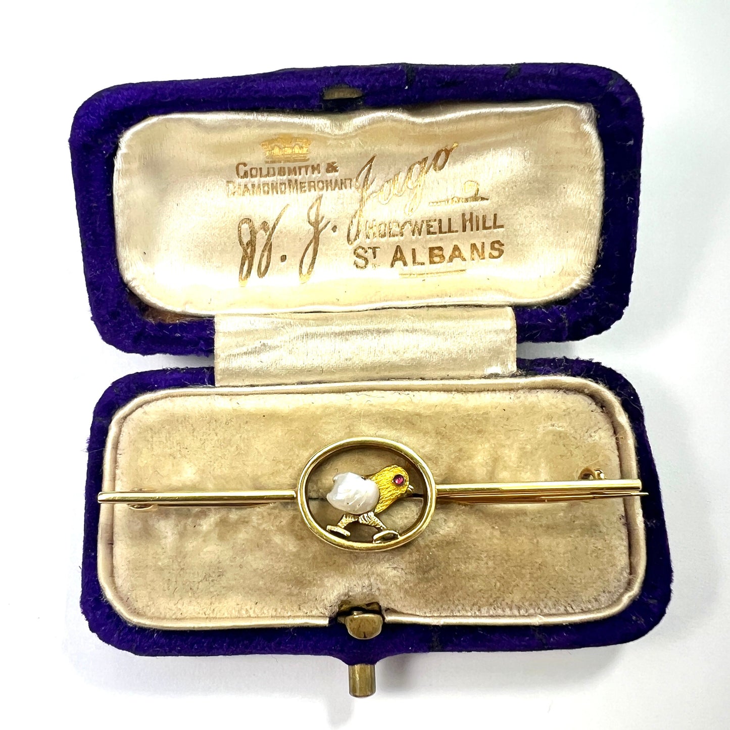 Edwardian Pearl, Garnet and Gold Enamel Chick Bar Brooch