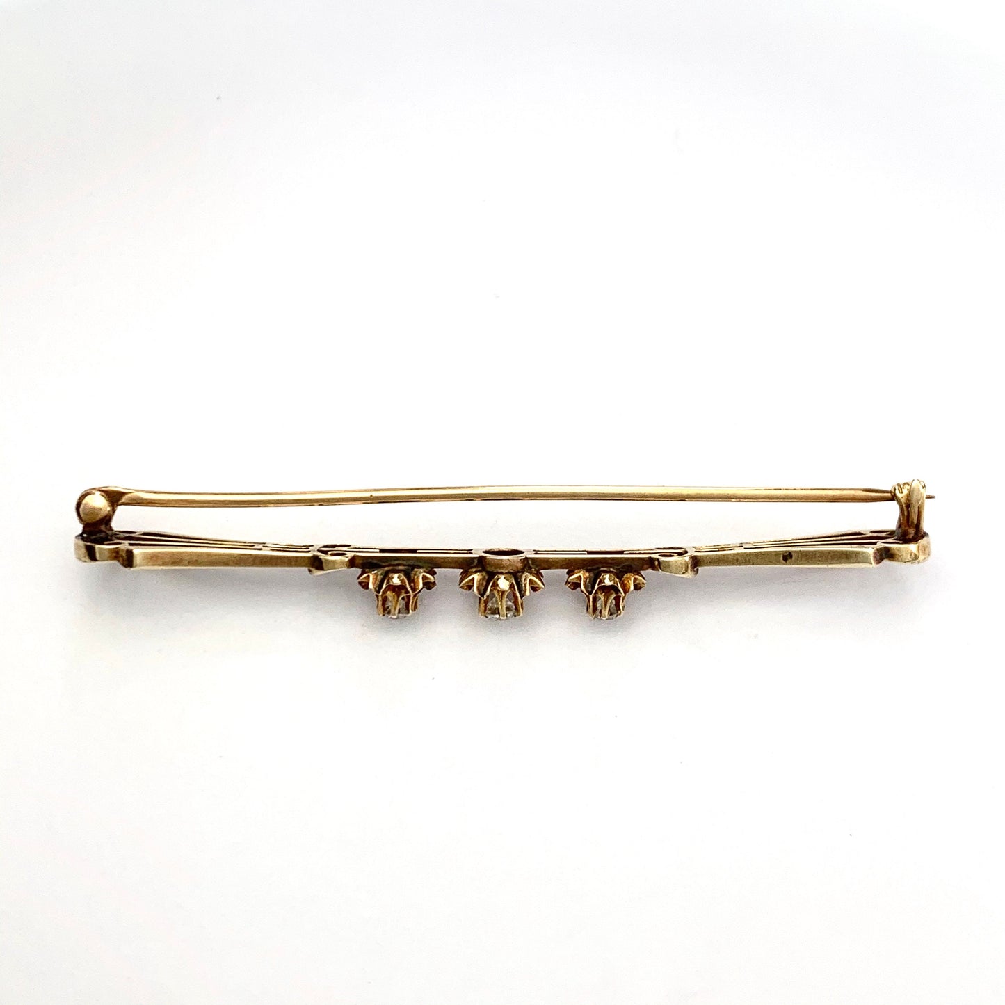 Edwardian 14CT Gold Three Stone Diamond Bar Brooch