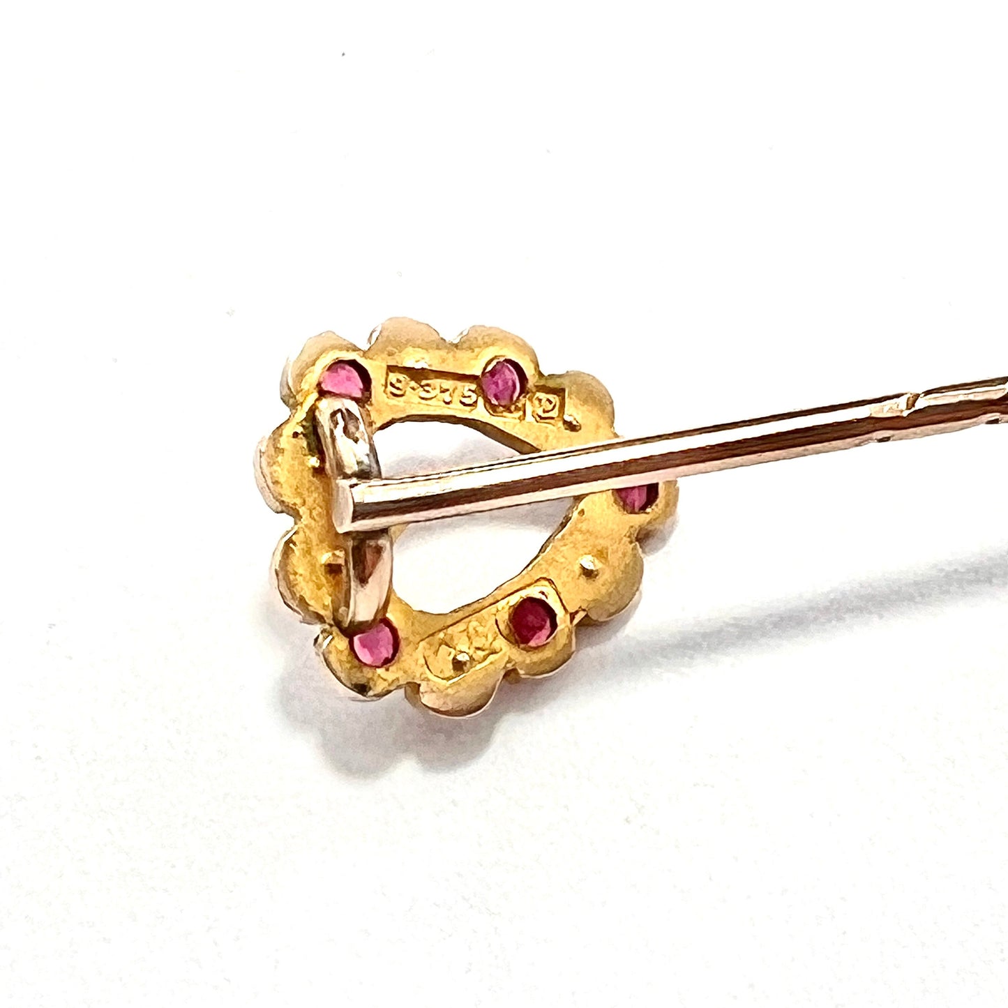 Boxed Edwardian 9CT Gold Paste Ruby Pearl Stick Pin