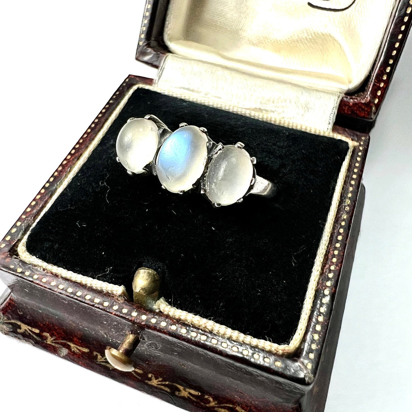 Edwardian Moonstone Three Stone Silver Ring