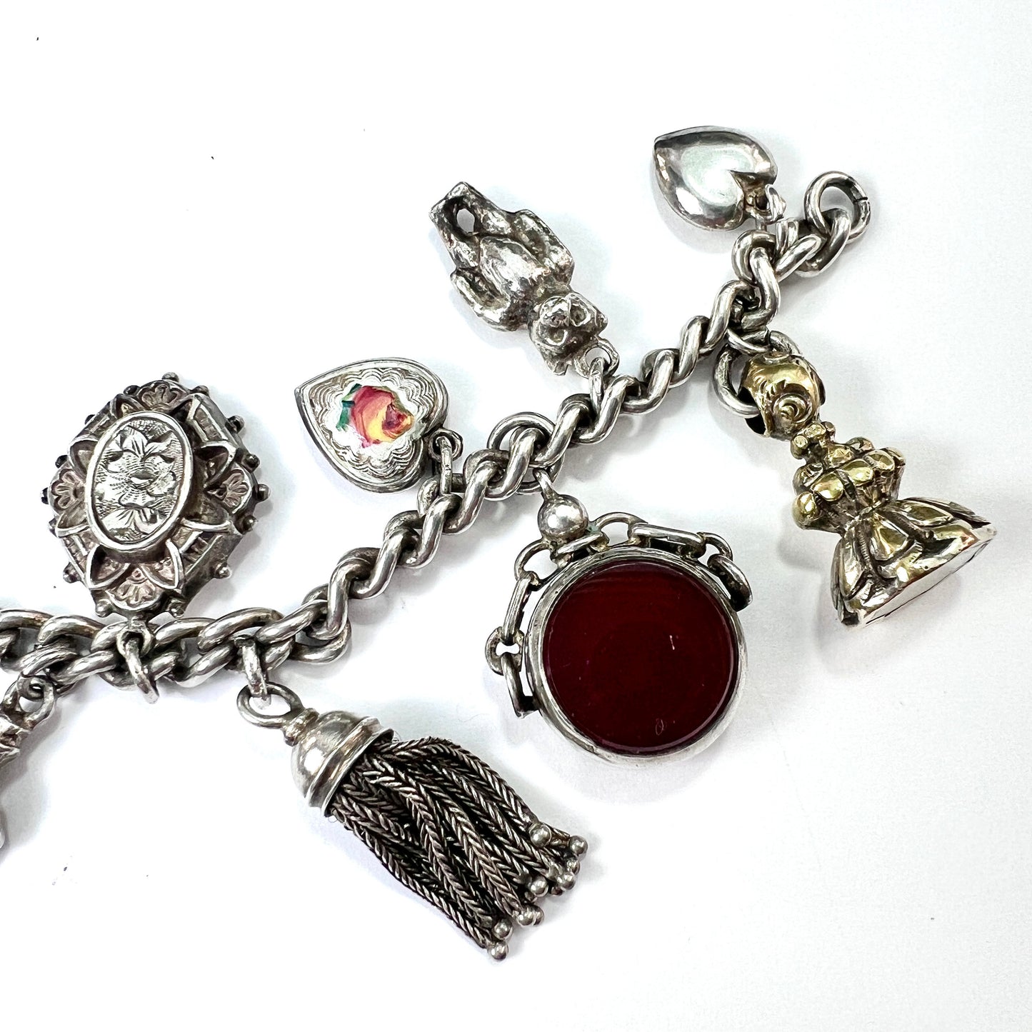 Victorian Silver Hearts and Fobs Charm Bracelet