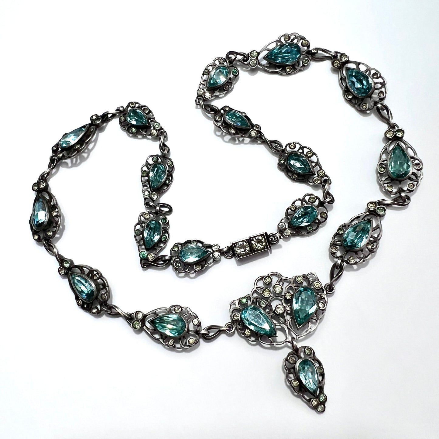 19th Century Foiled Aquamarine Paste Silver Necklace