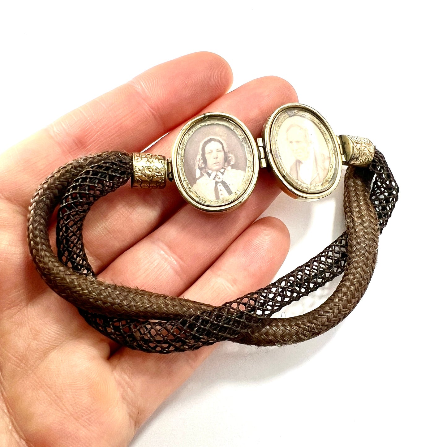 Victorian Double Portrait Woven Hair Memorial Bracelet