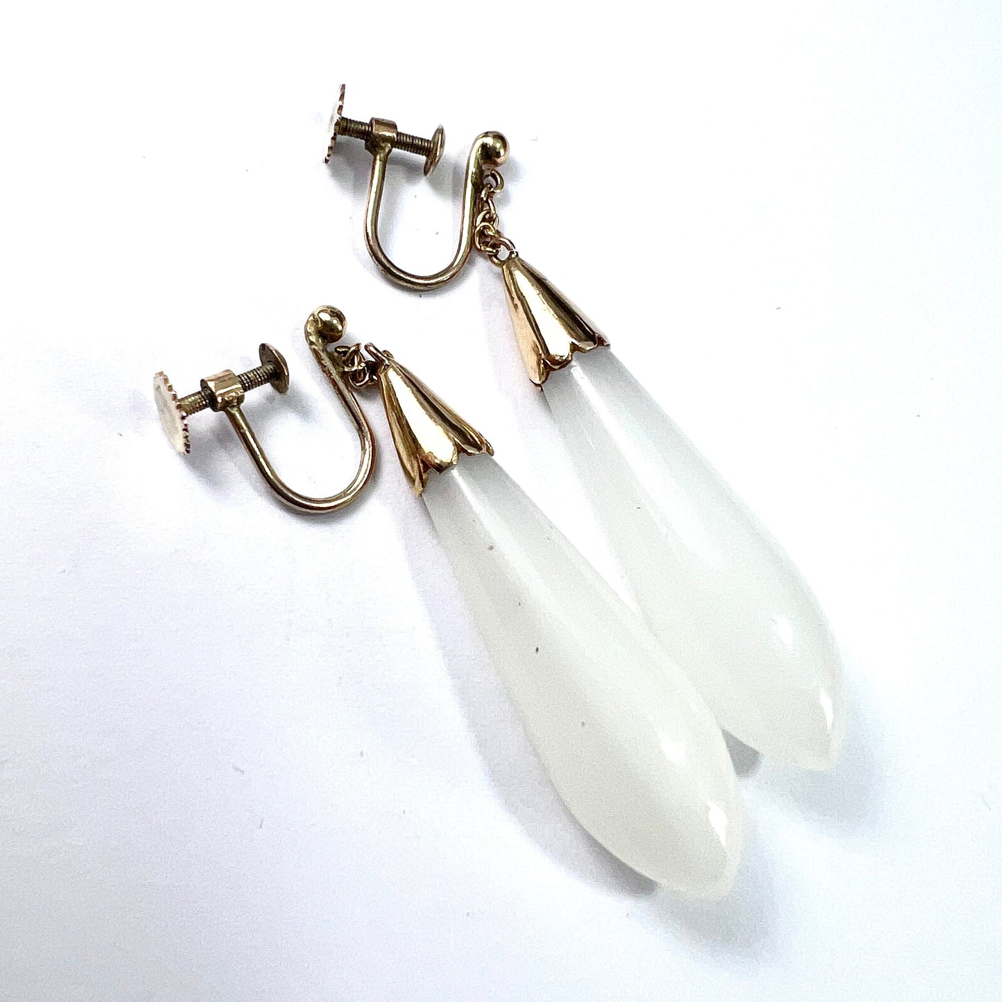 Antique 9CT Gold White Chalcedony Teardrop Earrings