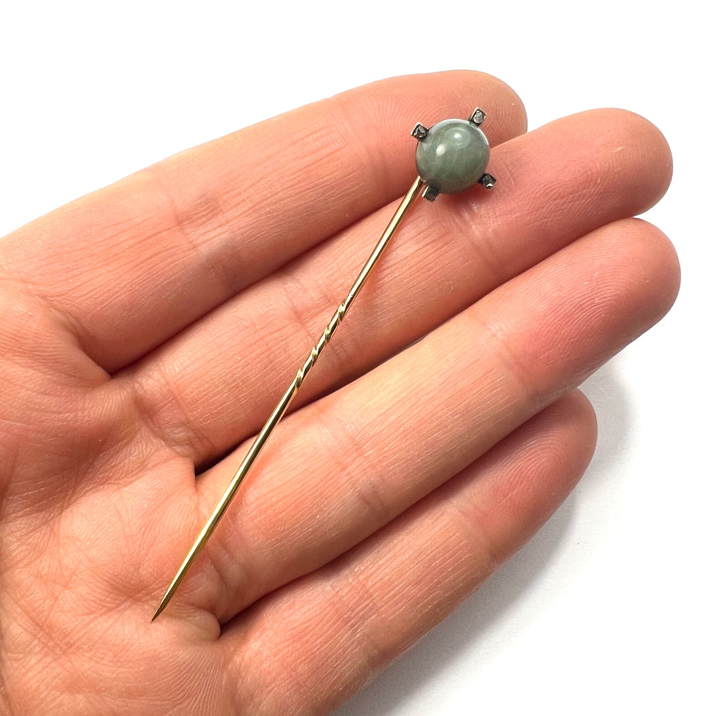 Victorian 9CT Gold Rose Cut Diamond Green Stone Stick Pin
