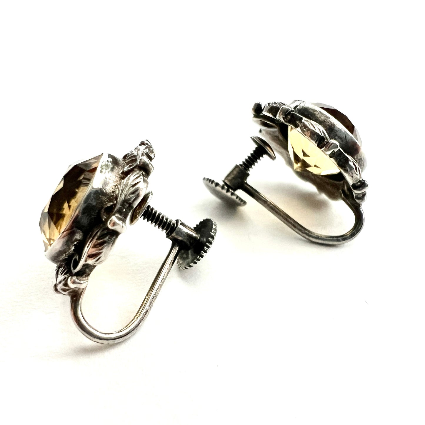 Vintage Arts and Crafts Citrine Silver Flower Screwback Earrings