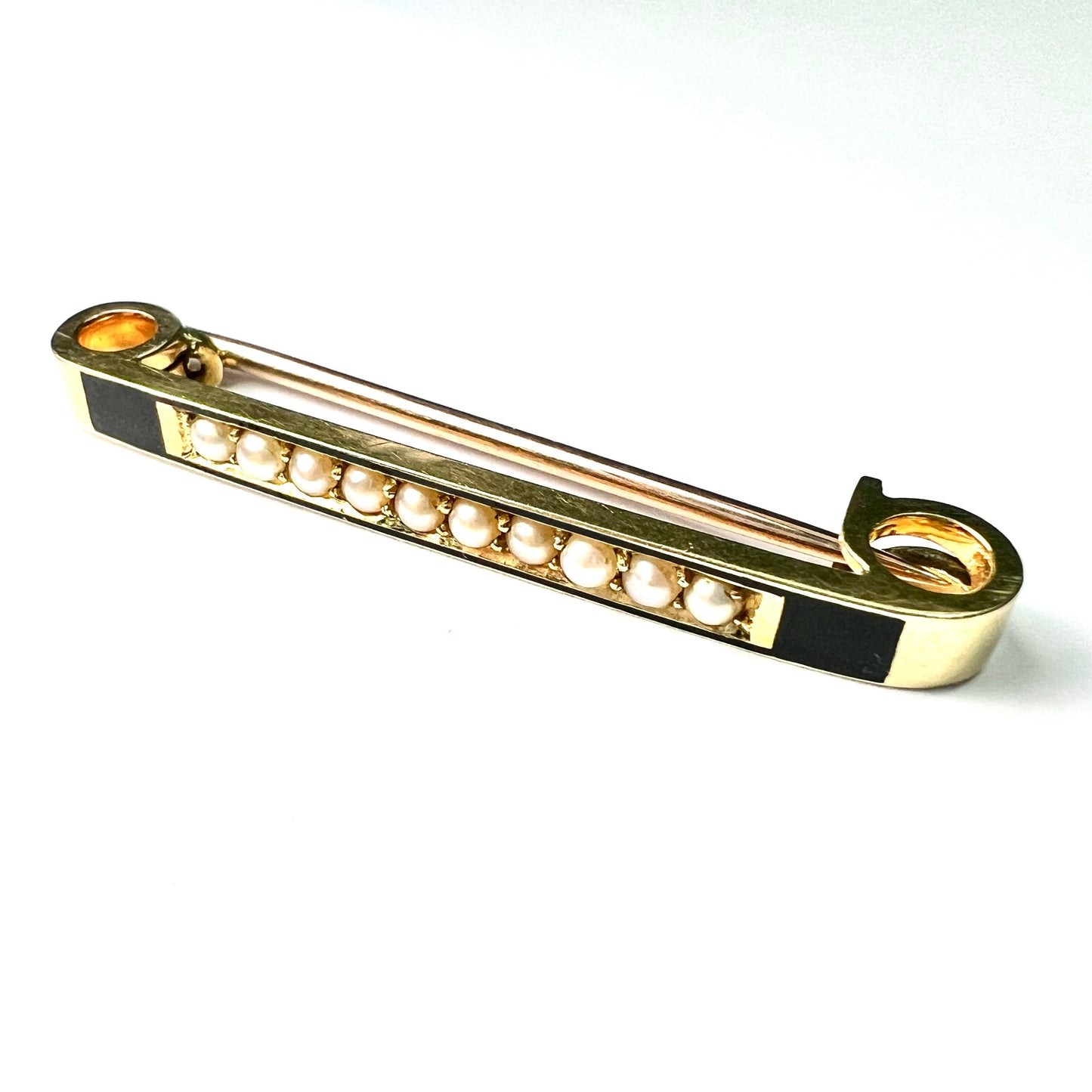Edwardian 15CT Gold Pearl Enamel Bar Brooch