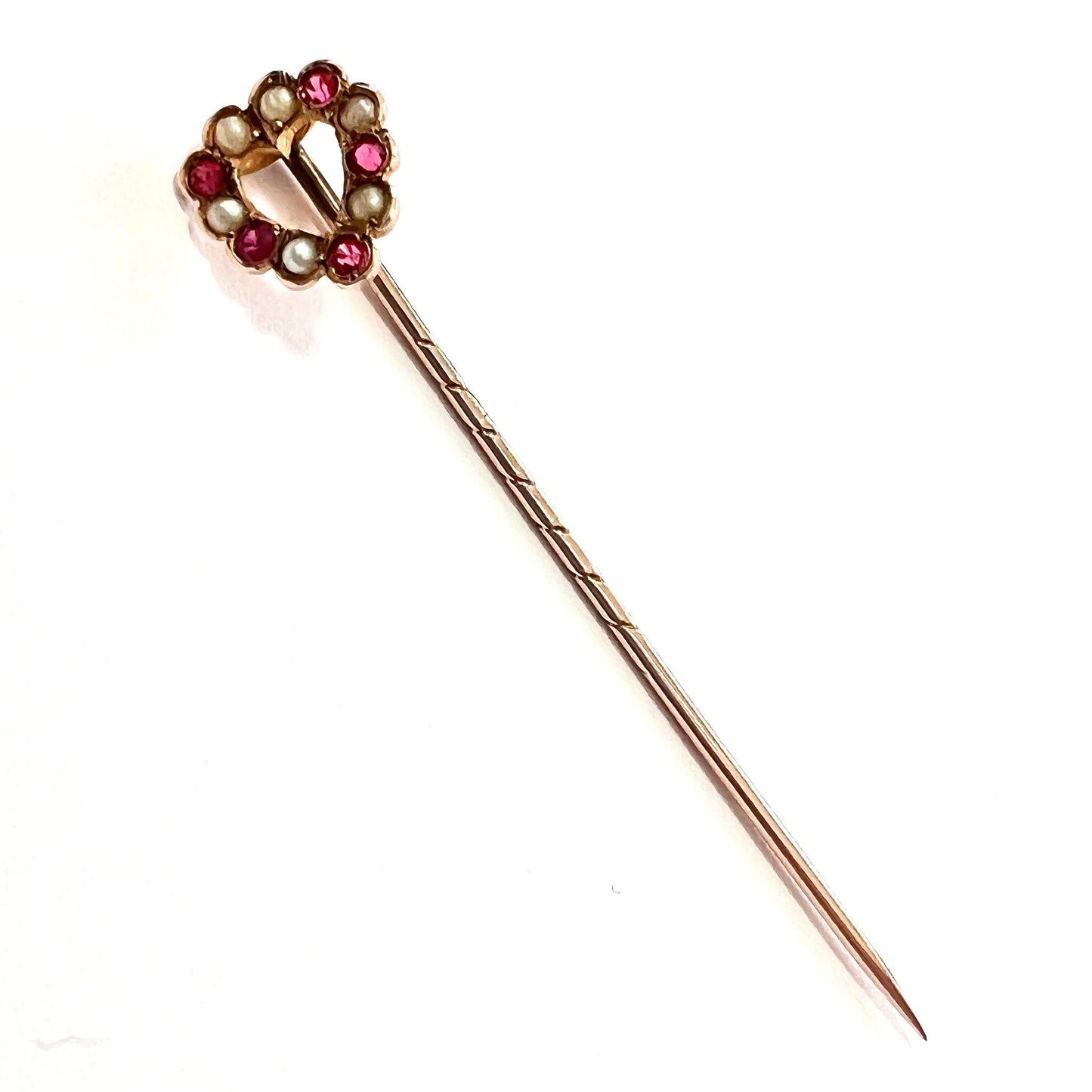 Boxed Edwardian 9CT Gold Paste Ruby Pearl Stick Pin