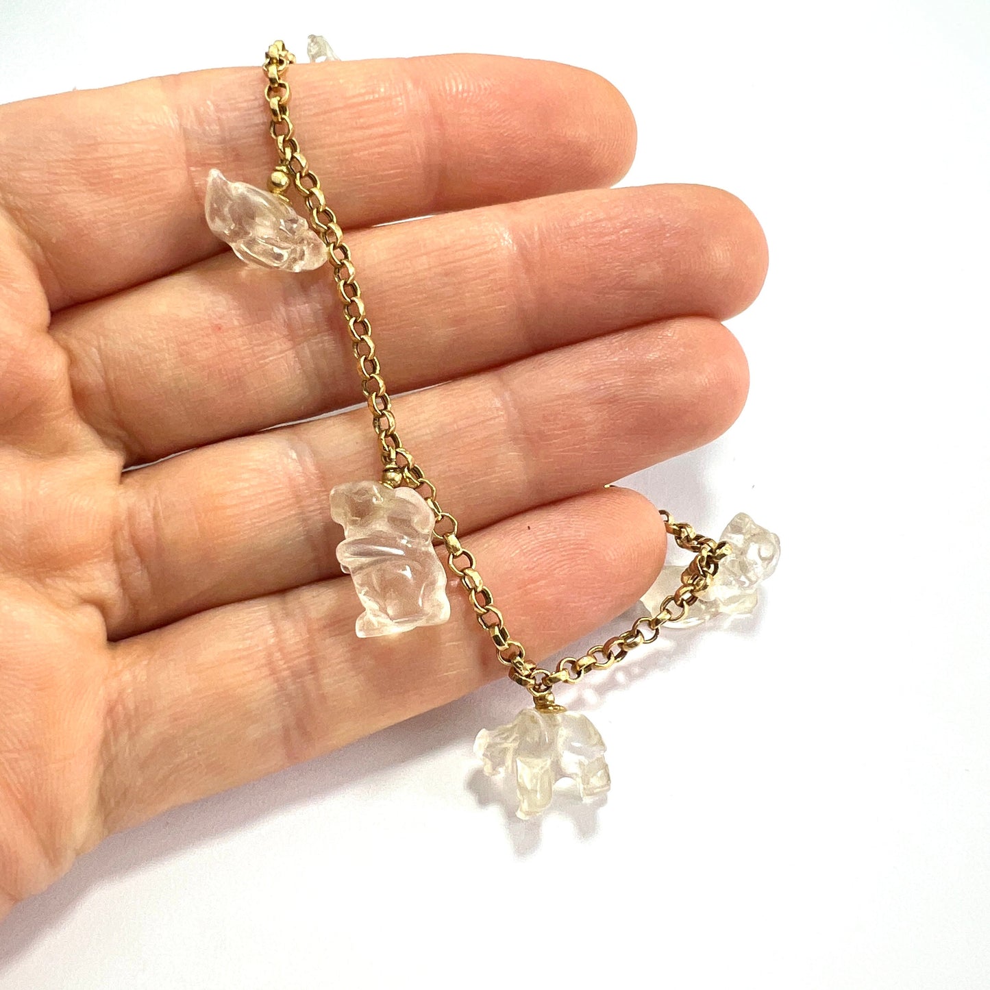 Rare Vintage 18CT Gold Rock Crystal Animal Charm Bracelet