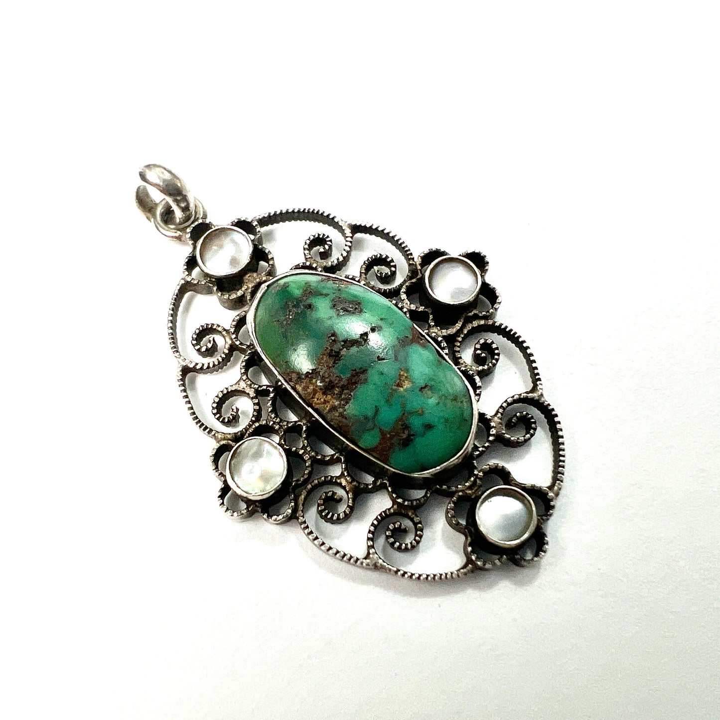 Arts and Crafts Turquoise Matrix Pearl Silver Filigree Pendant