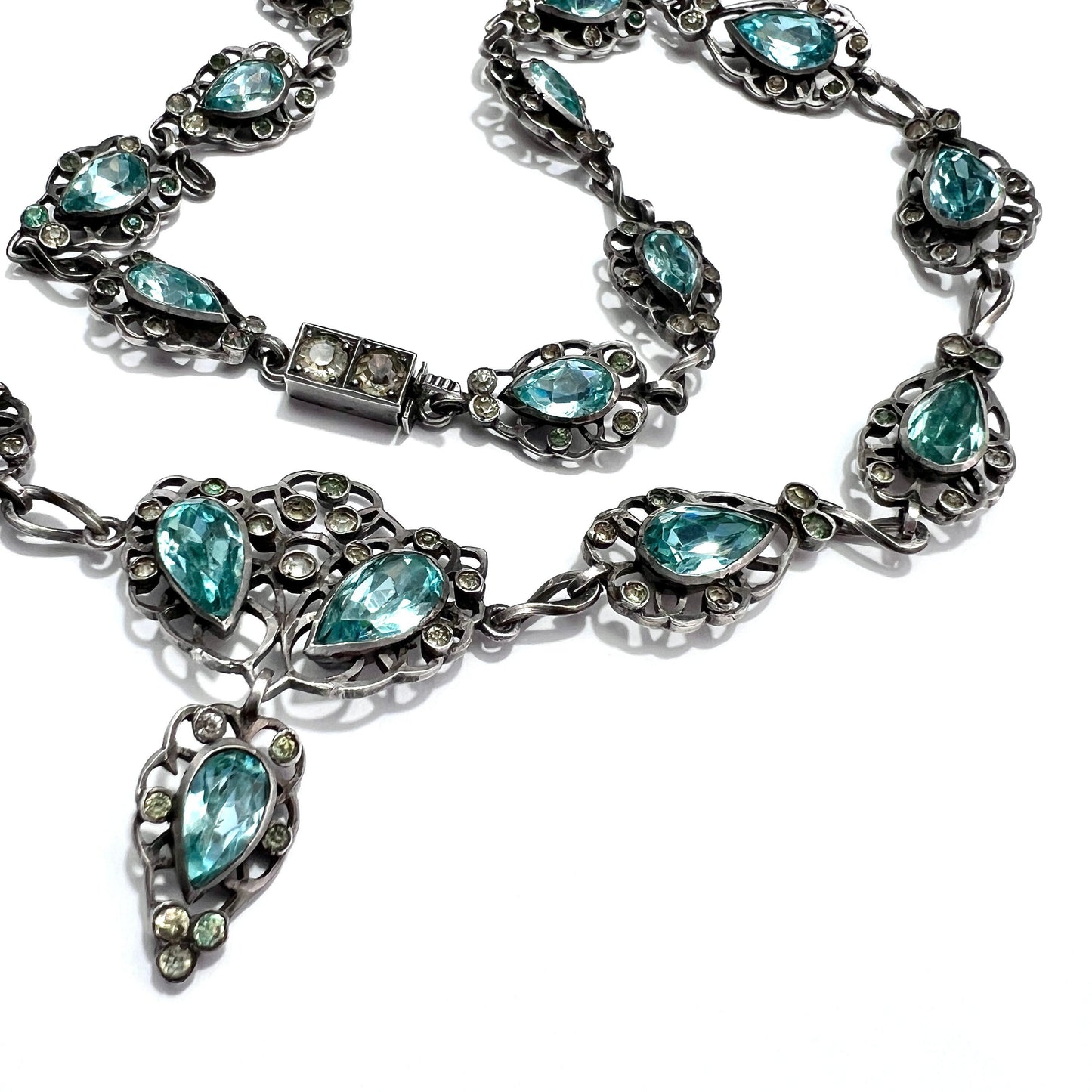 19th Century Foiled Aquamarine Paste Silver Necklace